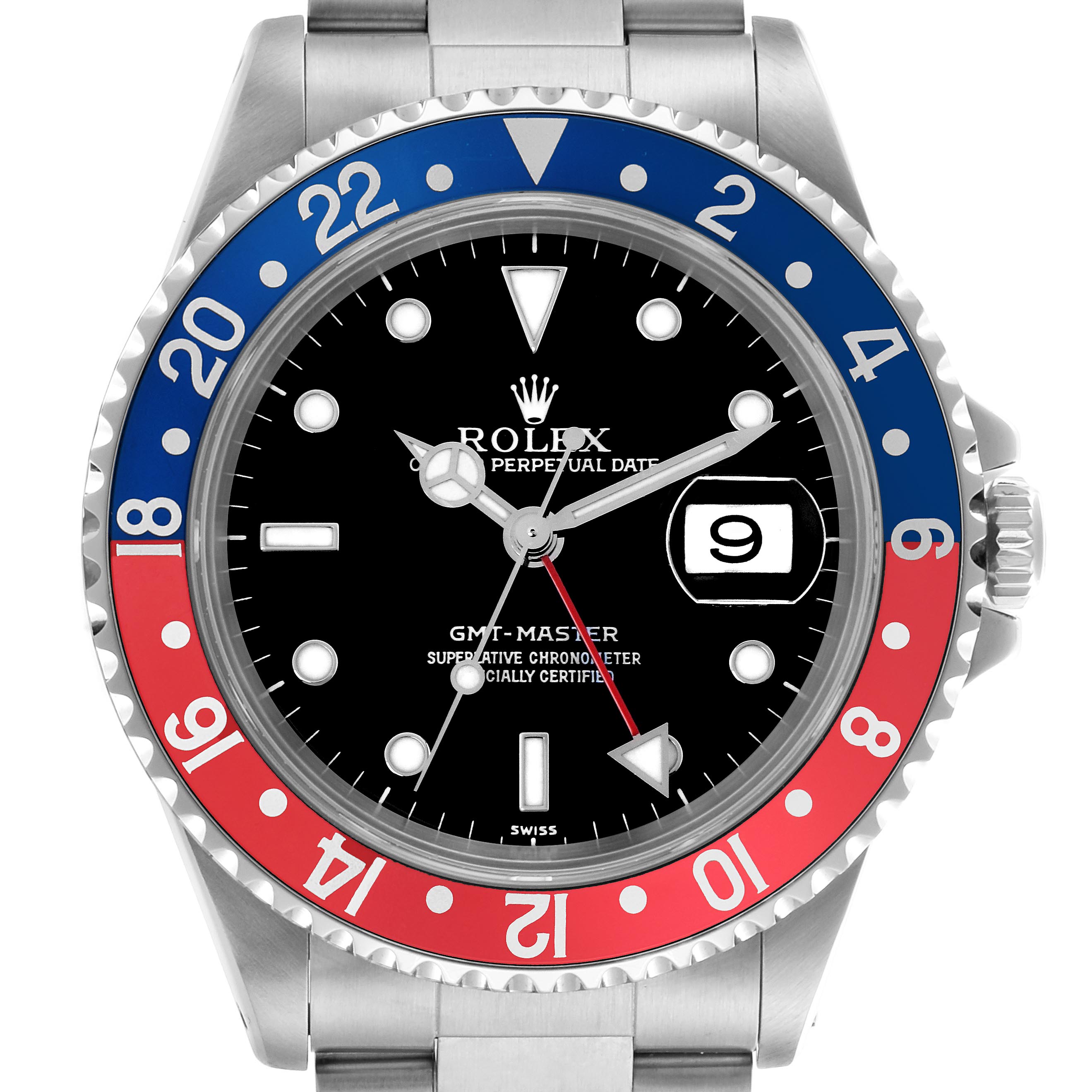 The image shows a frontal view of a Rolex GMT-Master 16700 Men's Stainless Steel Black Dial 16700 Men's Stainless Steel Black Dial featuring the dial, hour markers, hands, bezel, and date magnification.