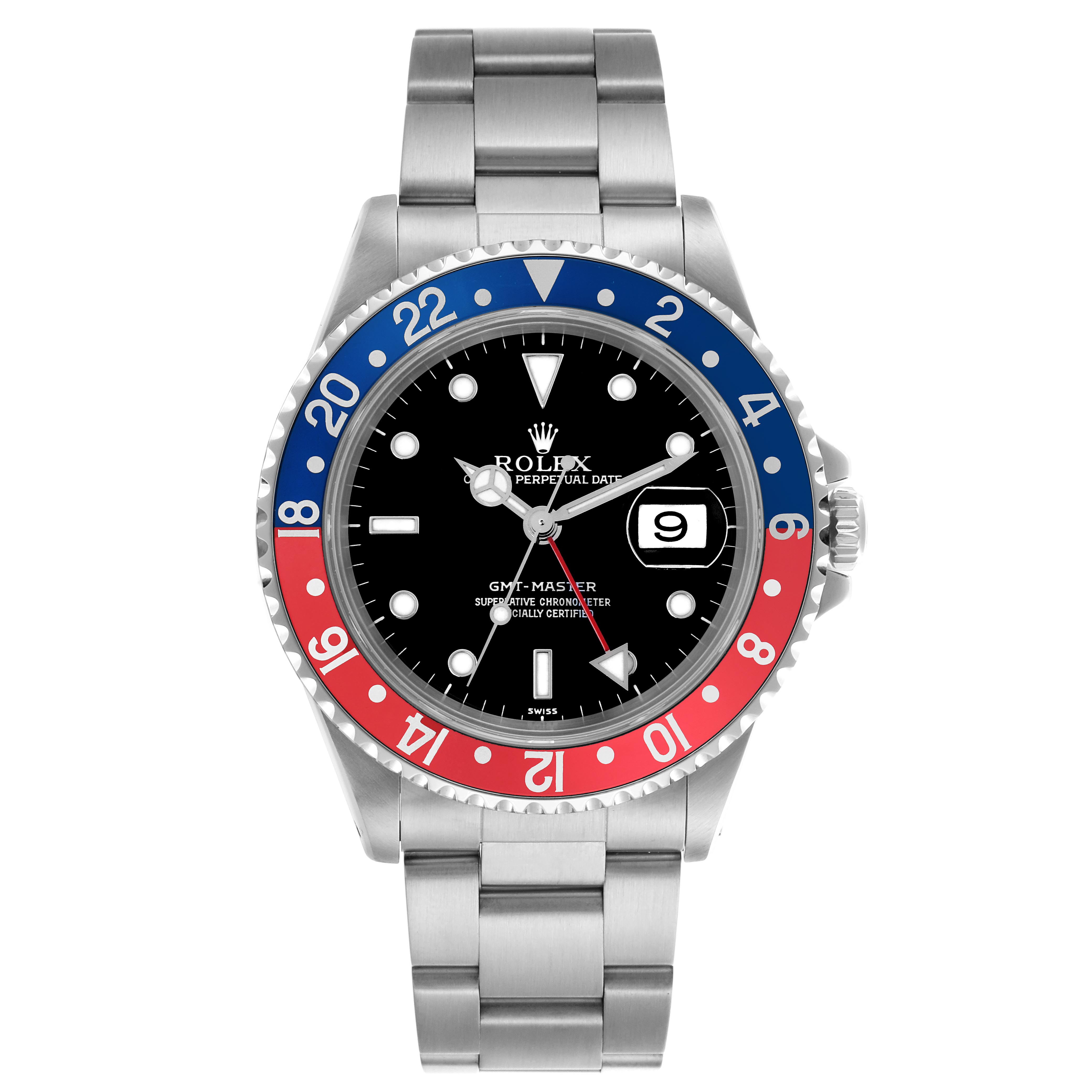 The Rolex GMT-Master 16700 Men's Stainless Steel Black Dial 16700 Men's Stainless Steel Black Dial watch is shown from the front, displaying its dial, bezel, and part of the metal bracelet.