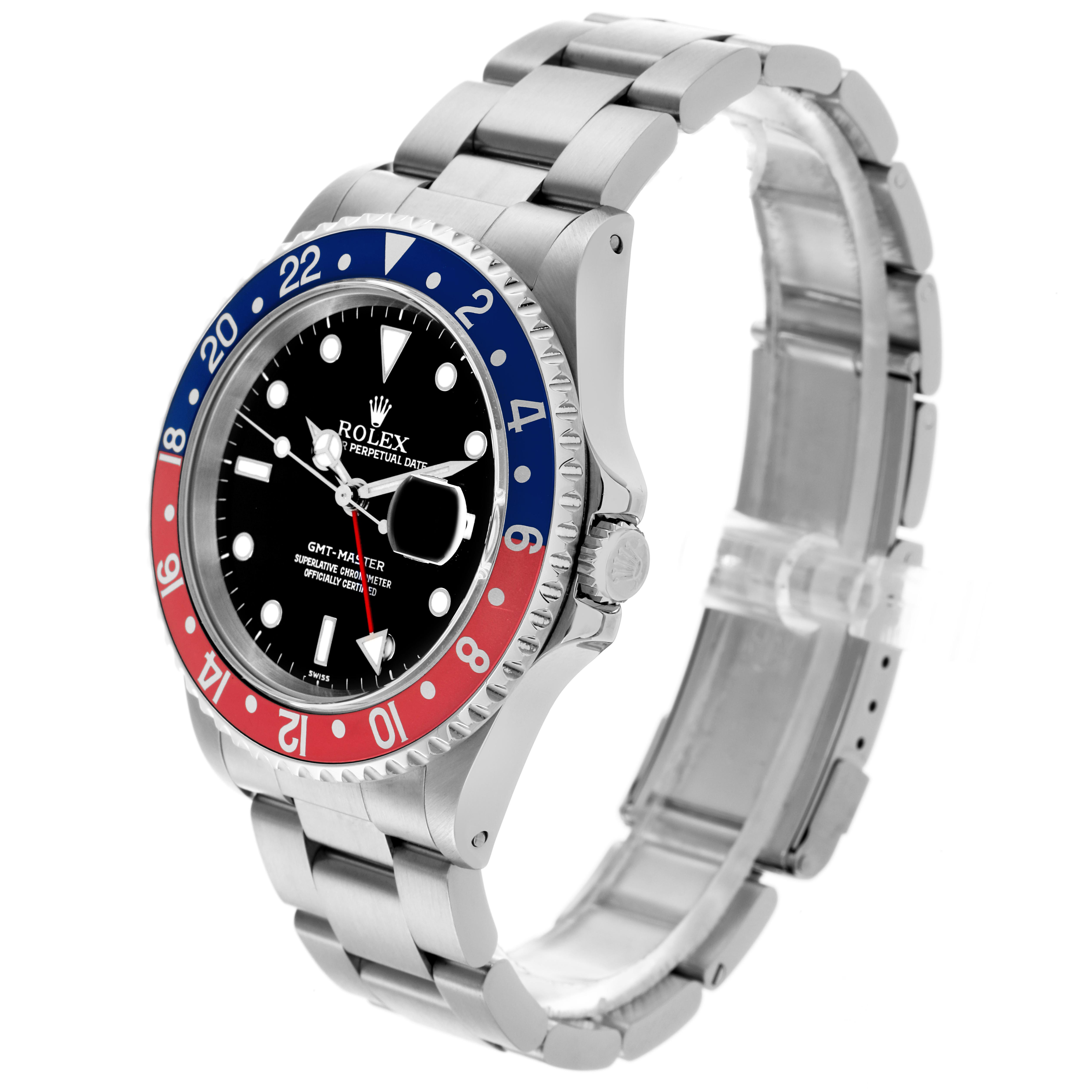 The Rolex GMT-Master 16700 Men's Stainless Steel Black Dial 16700 Men's Stainless Steel Black Dial watch is shown at a three-quarter angle, highlighting its bezel, dial, and bracelet.