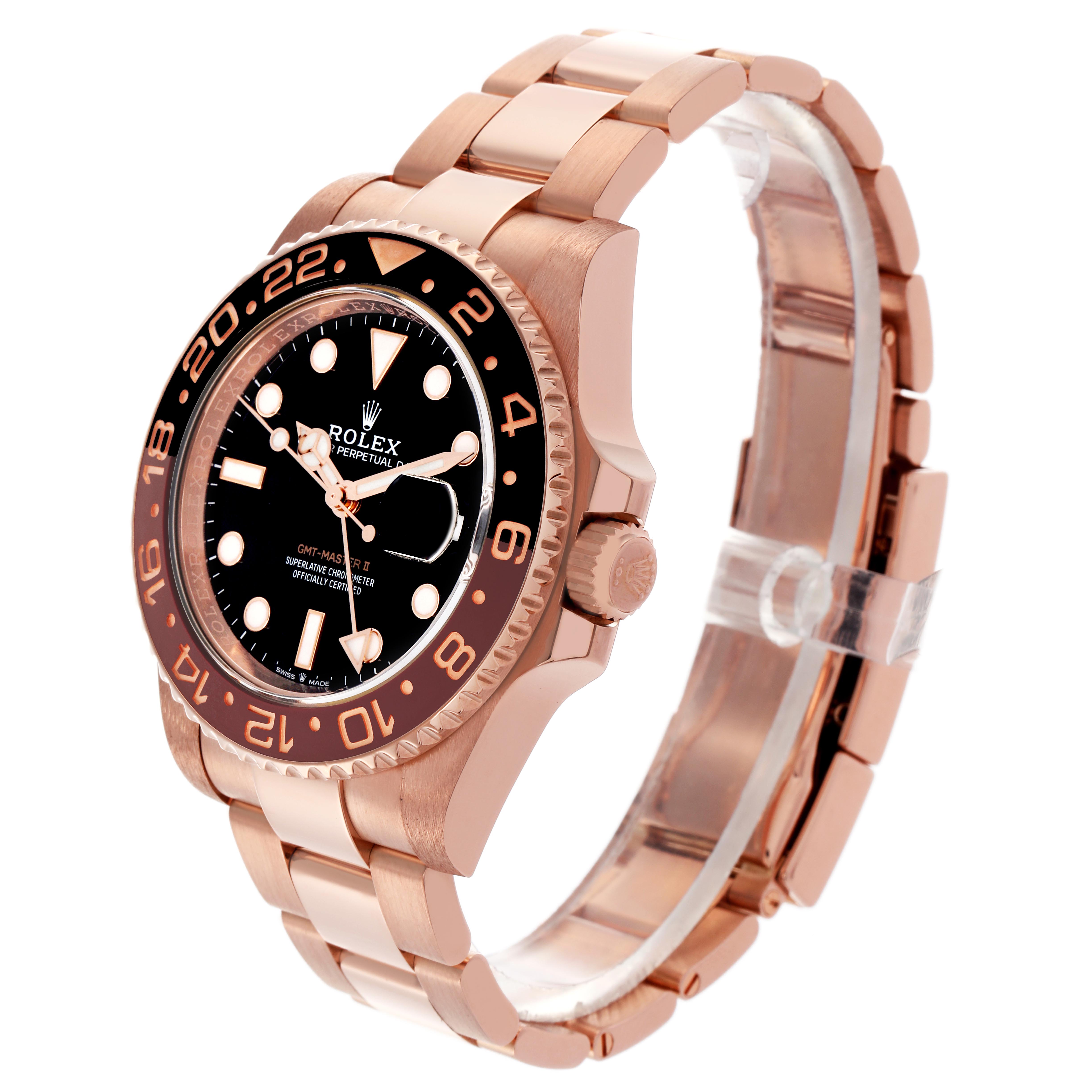 The Rolex GMT-Master 126715CHNR Men's Rose Gold Black Dial 126715CHNR Men's Rose Gold Black Dial watch is shown at a three-quarter angle, displaying the face, bezel, and part of the bracelet.
