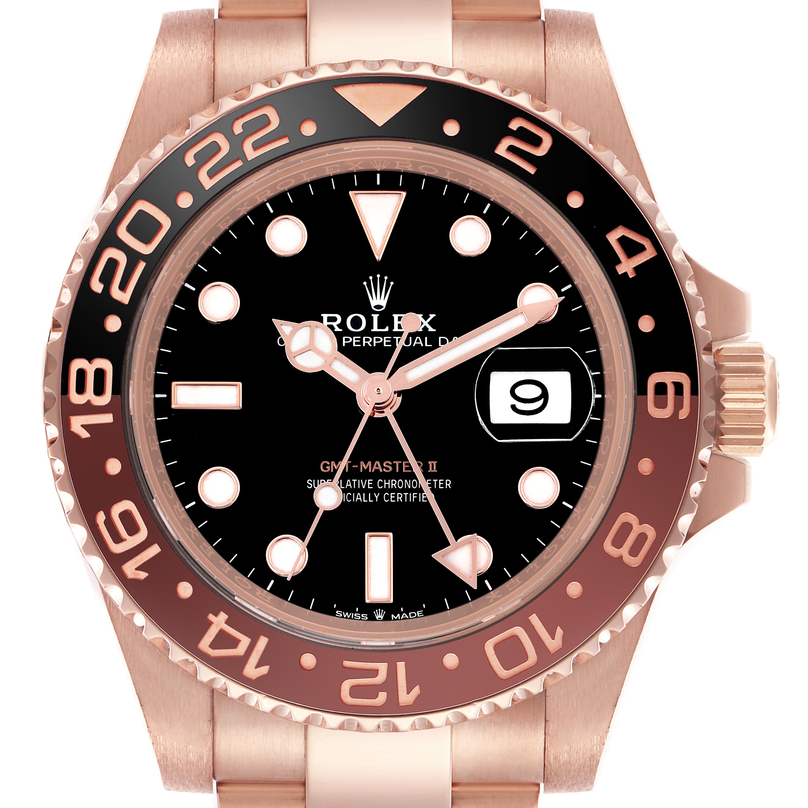 The Rolex GMT-Master 126715CHNR Men's Rose Gold Black Dial 126715CHNR Men's Rose Gold Black Dial II watch is shown from the front, highlighting the bezel, dial, hands, date, and part of the bracelet.