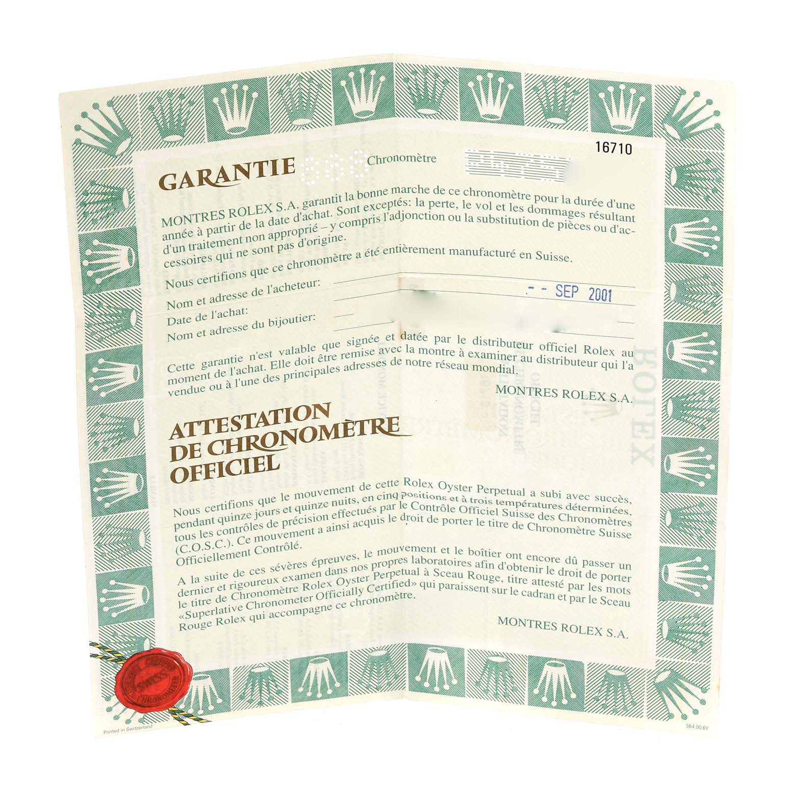 The image shows the warranty and chronometer certification documents for a Rolex GMT-Master 16710 Men's Stainless Steel Black Dial 16710 Men's Stainless Steel Black Dial model, viewed from a top-down angle.