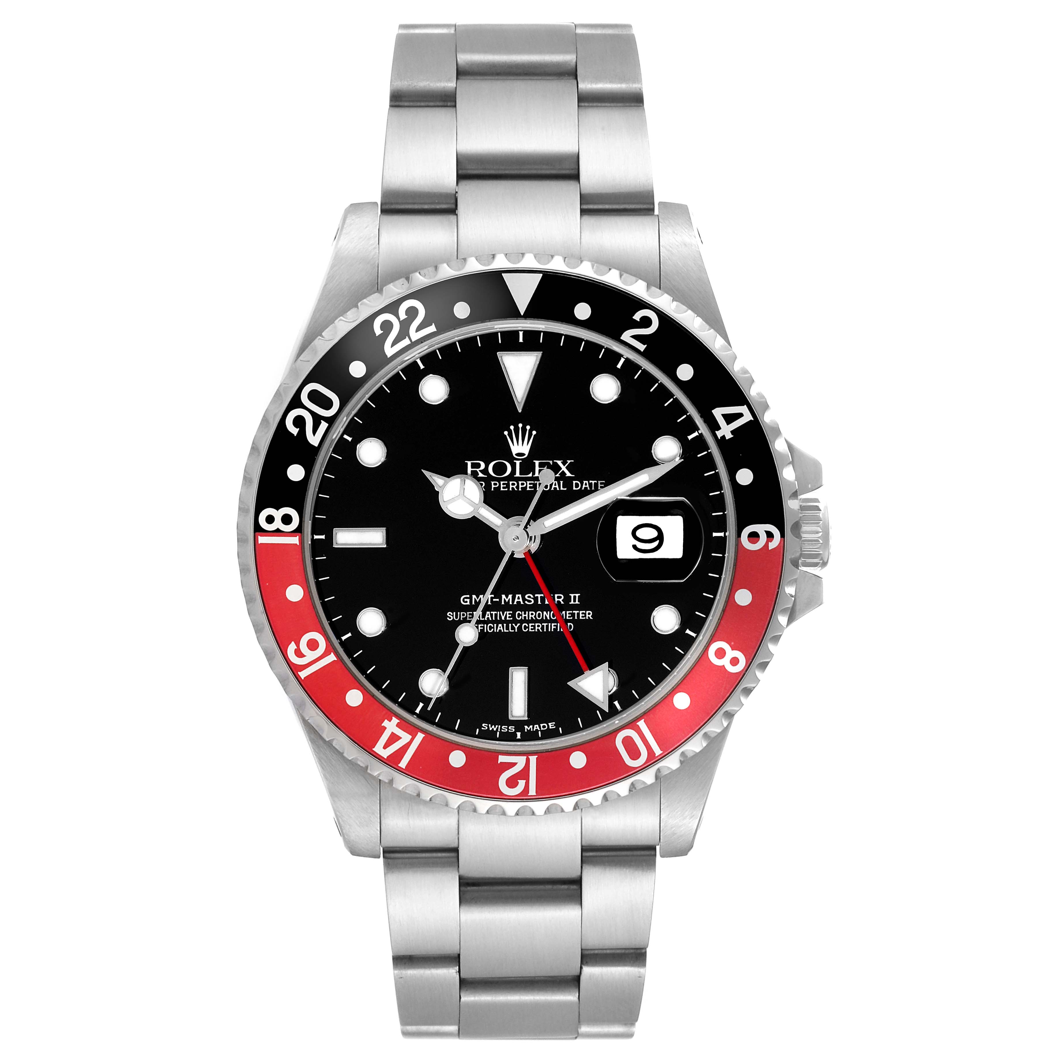The Rolex GMT-Master 16710 Men's Stainless Steel Black Dial 16710 Men's Stainless Steel Black Dial watch is shown from a front angle, displaying its bezel, dial, hands, case, date window, and bracelet.