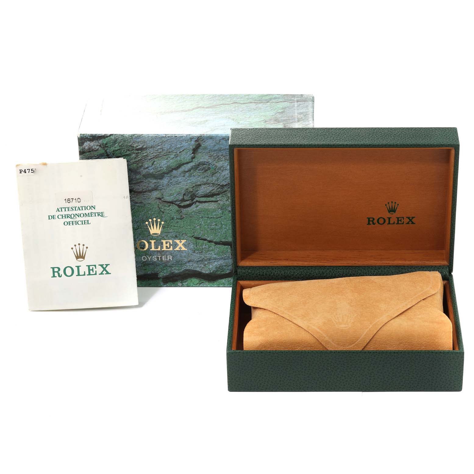 The image shows the box, case, and manual for a Rolex GMT-Master 16710 Men's Stainless Steel Black Dial 16710 Men's Stainless Steel Black Dial watch, with the box open and the watch absent.