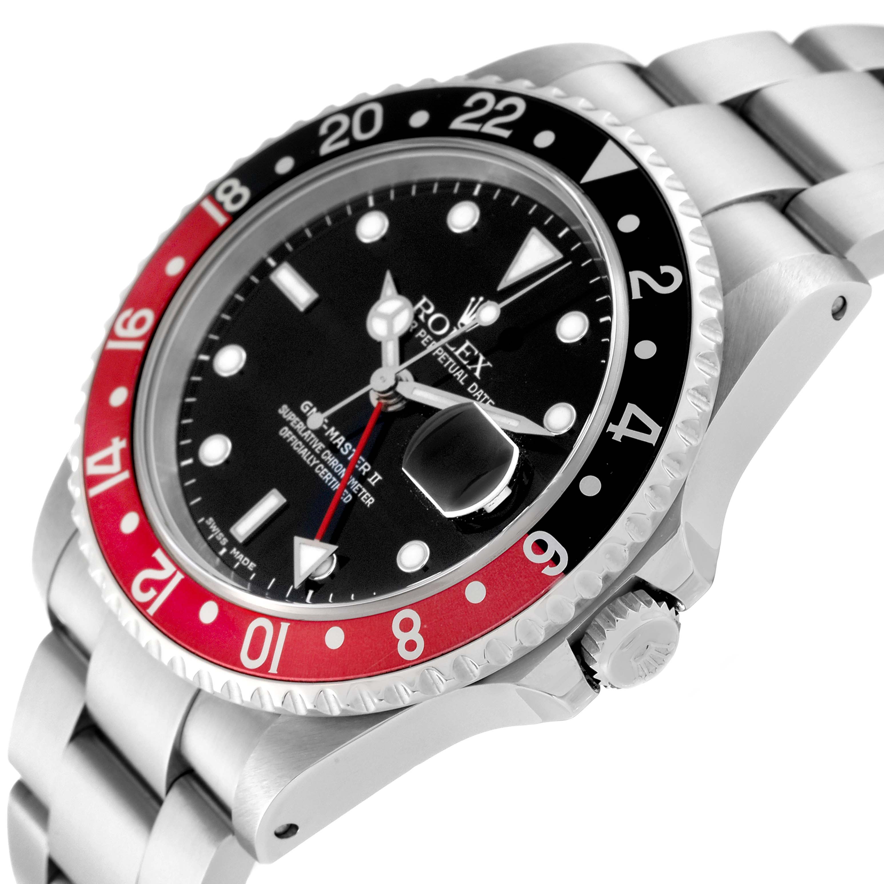 This image shows the face and bezel of the Rolex GMT-Master 16710 Men's Stainless Steel Black Dial 16710 Men's Stainless Steel Black Dial watch at an angled view.