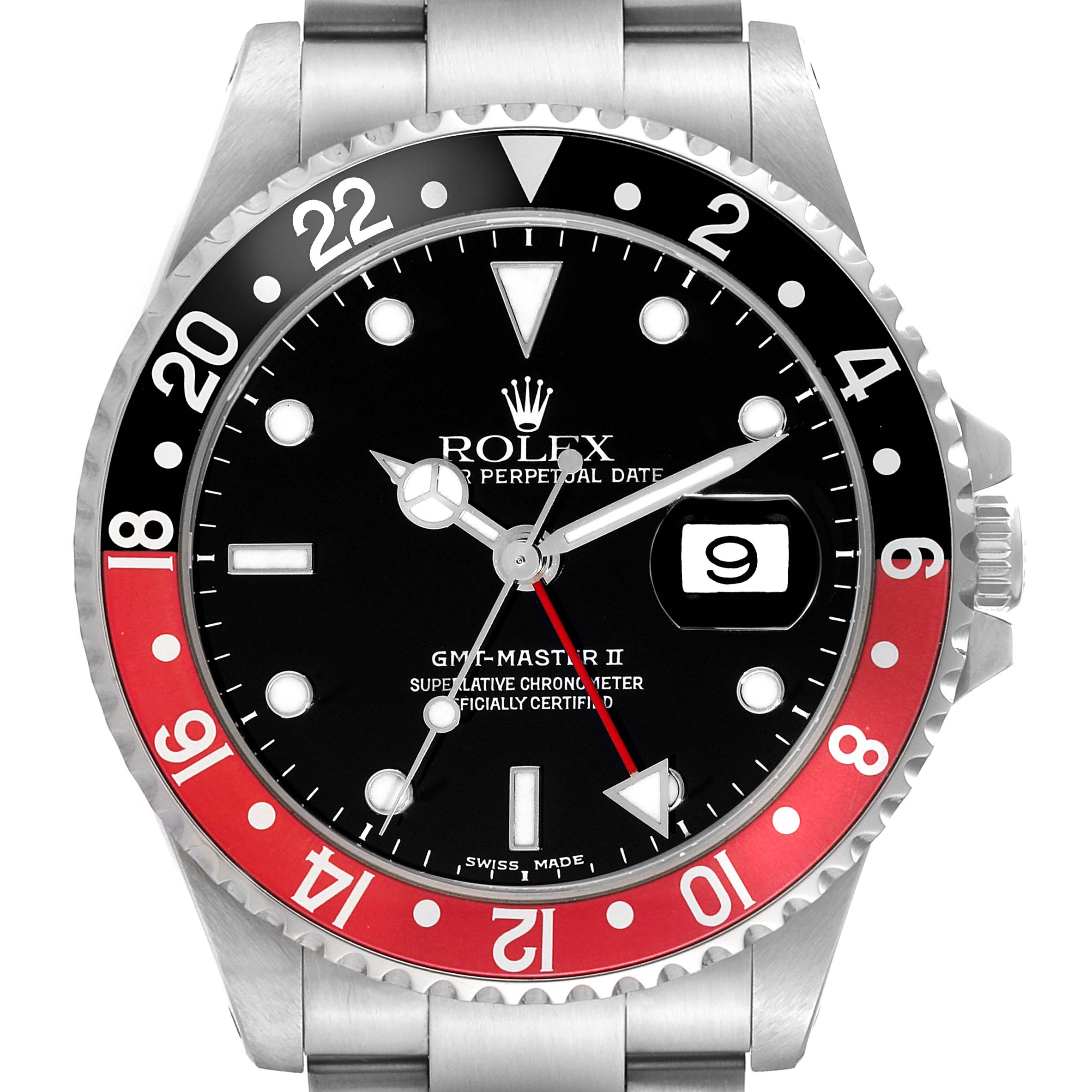 The image shows a front view of the Rolex GMT-Master 16710 Men's Stainless Steel Black Dial 16710 Men's Stainless Steel Black Dial II watch, highlighting the bezel, dial, hands, and date display.