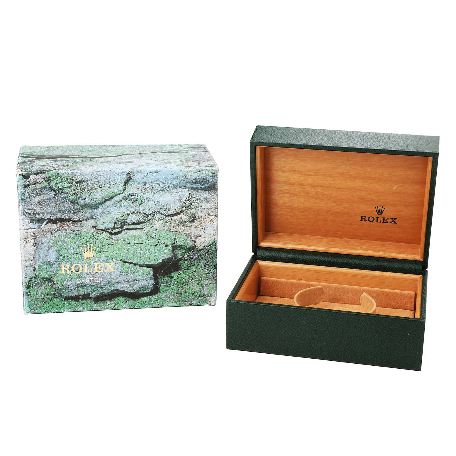 The image shows the packaging for a Rolex GMT-Master 16710 Men's Stainless Steel Black Dial, including a closed outer box and an open inner box with a pillow insert.