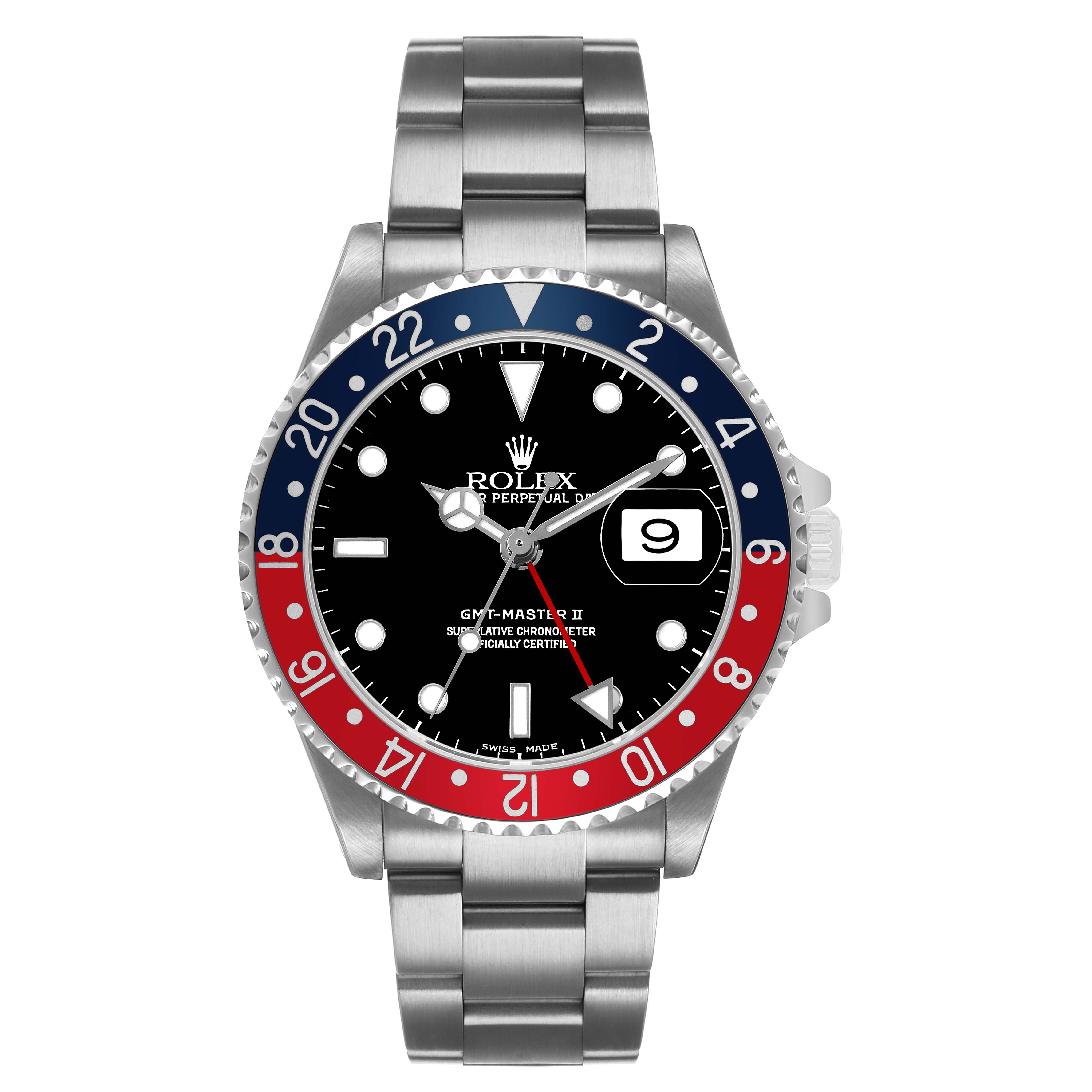The Rolex GMT-Master 16710 Men's Stainless Steel Black Dial watch is shown from a front angle, highlighting the bezel, dial, and bracelet.