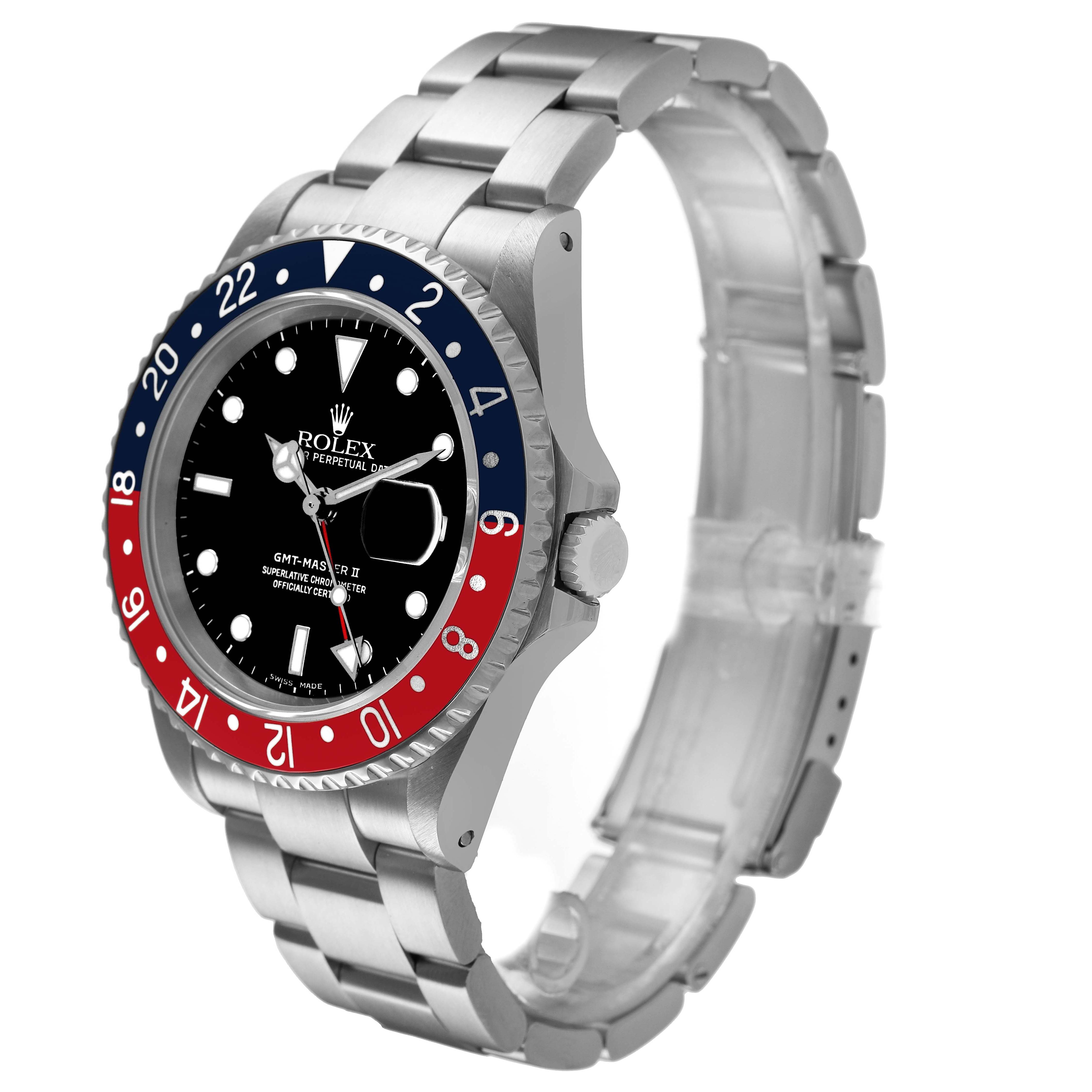 The Rolex GMT-Master 16710 Men's Stainless Steel Black Dial watch is shown from a three-quarter angle, displaying the bezel, case, and bracelet.