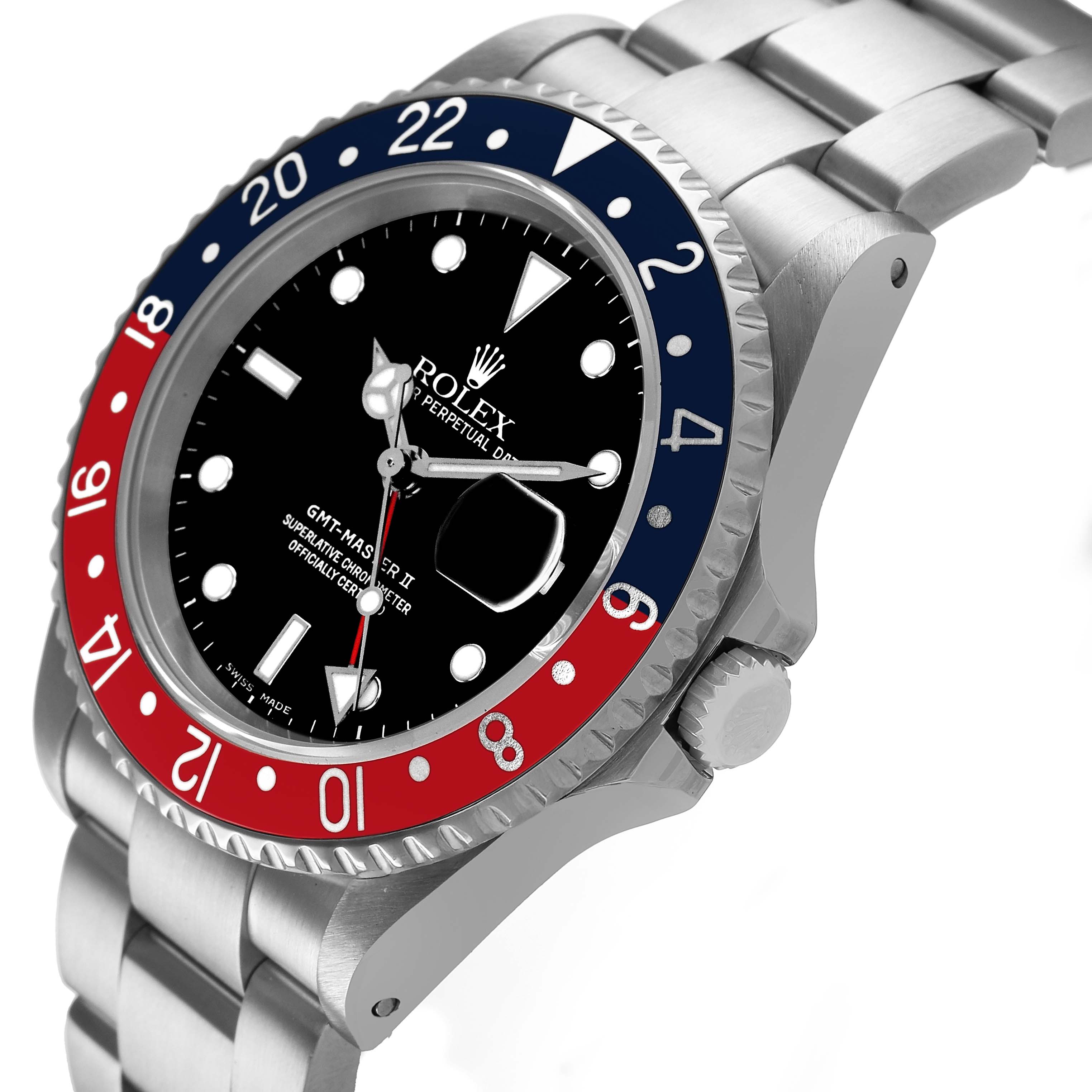 The image shows a Rolex GMT-Master 16710 Men's Stainless Steel Black Dial watch at an angled side view, highlighting the bezel, crown, and partially the bracelet.