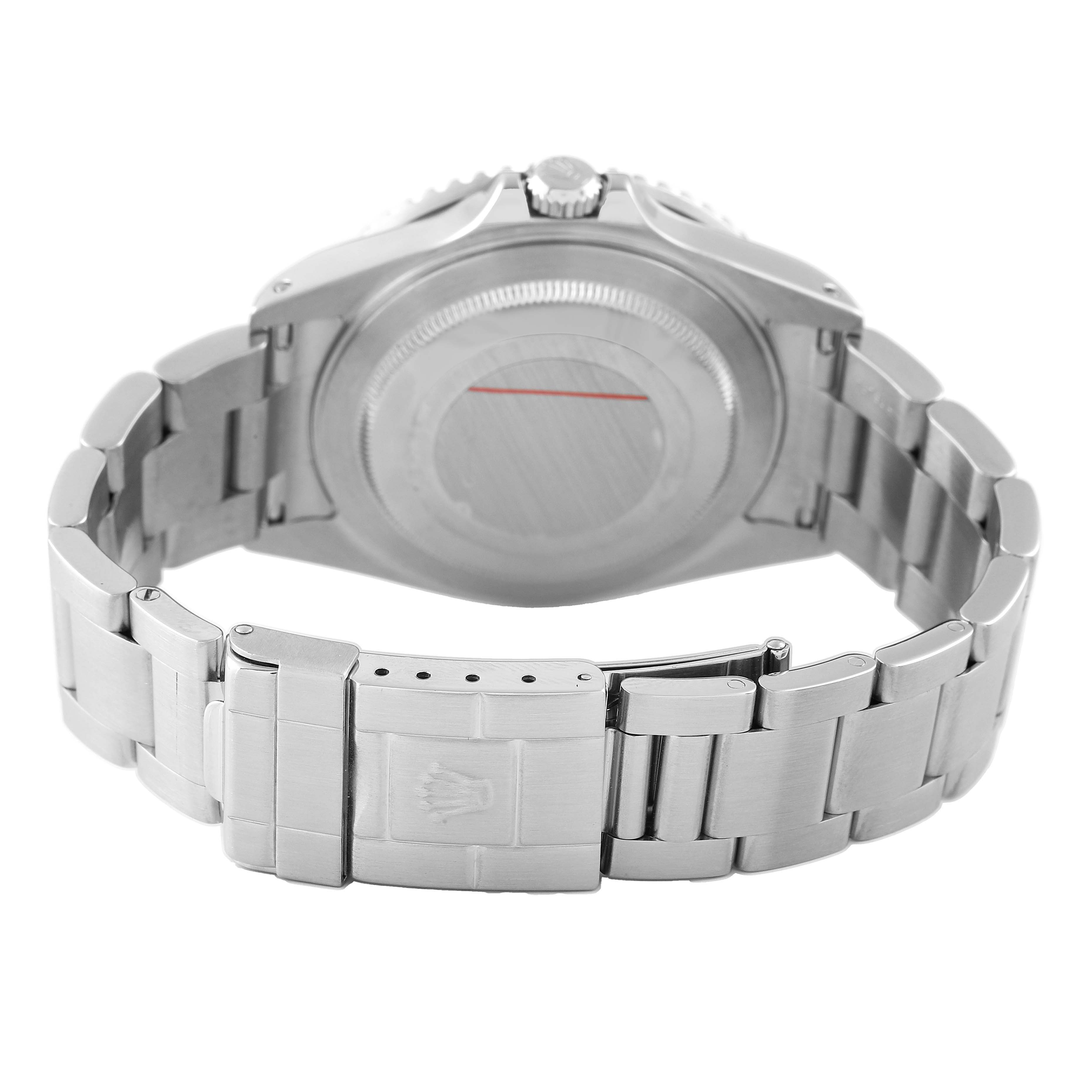 The image shows the back and bracelet of the Rolex GMT-Master 16710 Men's Stainless Steel Black Dial watch from a rear angle, focusing on the case back and clasp.