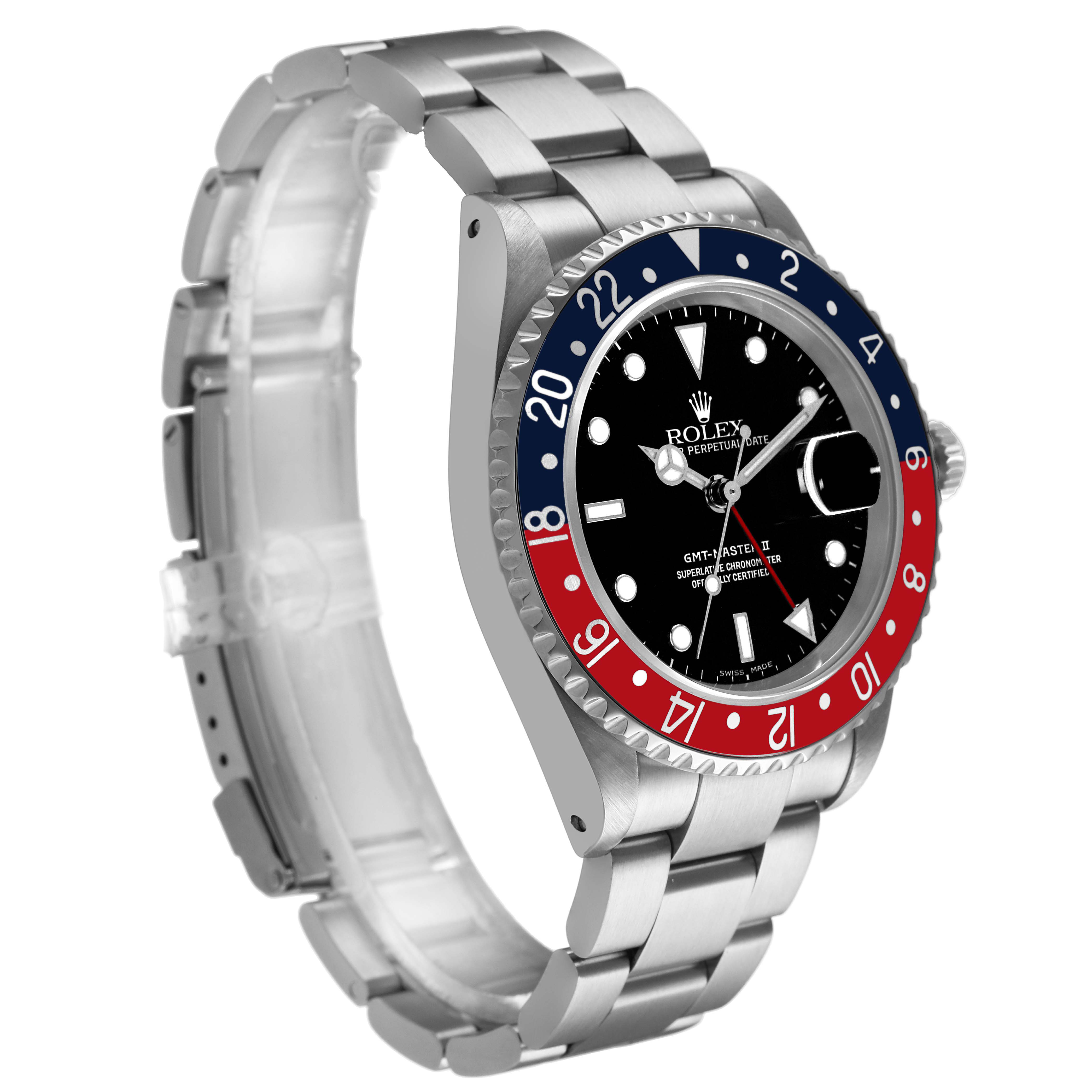 The Rolex GMT-Master 16710 Men's Stainless Steel Black Dial watch is shown at a left side angle, displaying the bezel, dial, and part of the bracelet.