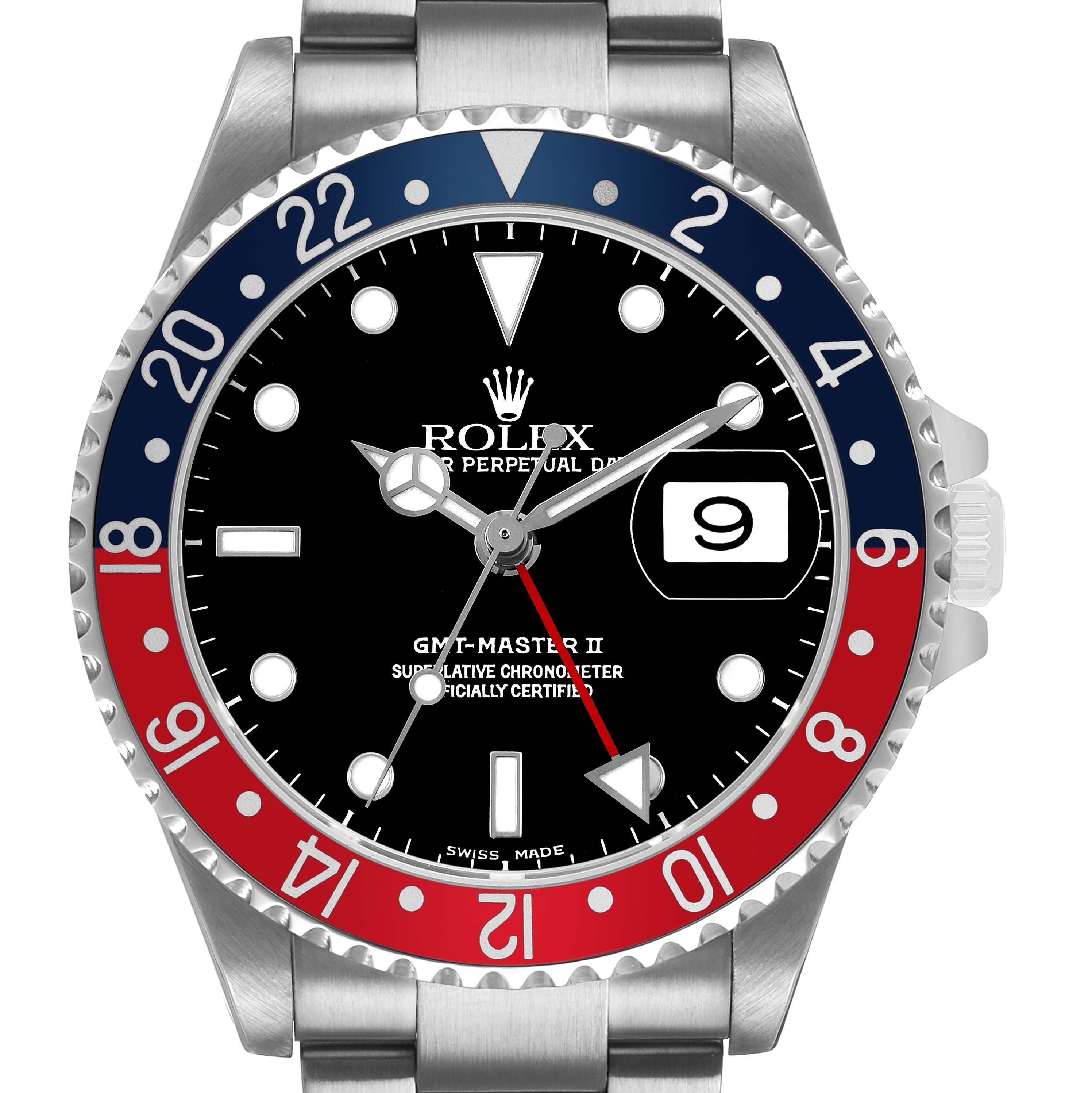 The image shows a Rolex GMT-Master 16710 Men's Stainless Steel Black Dial watch from a front angle, highlighting its dial, bezel, and crown.