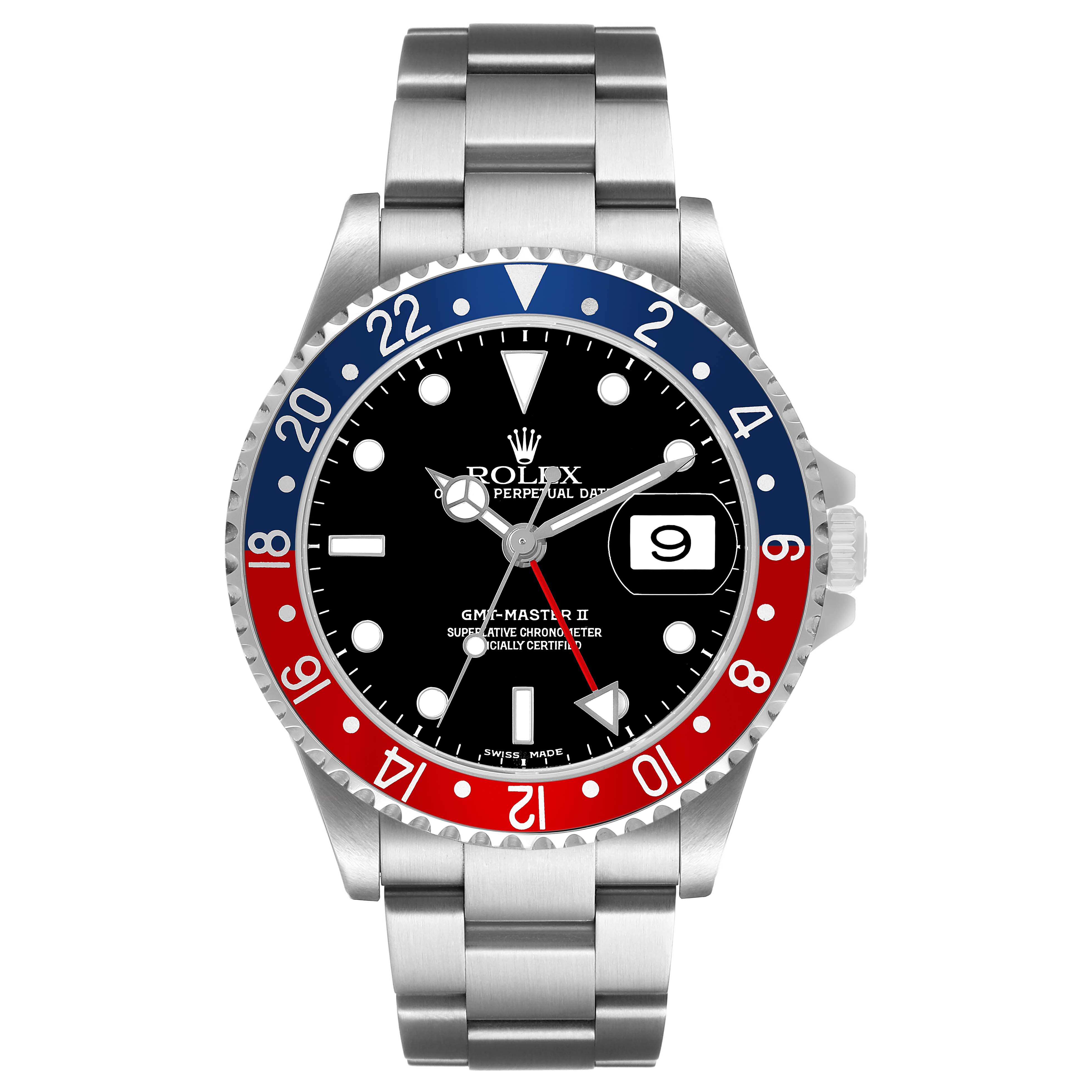 The image shows a front view of the Rolex GMT-Master 16710 Men's Stainless Steel Black Dial II watch, highlighting the bezel, dial, and bracelet.