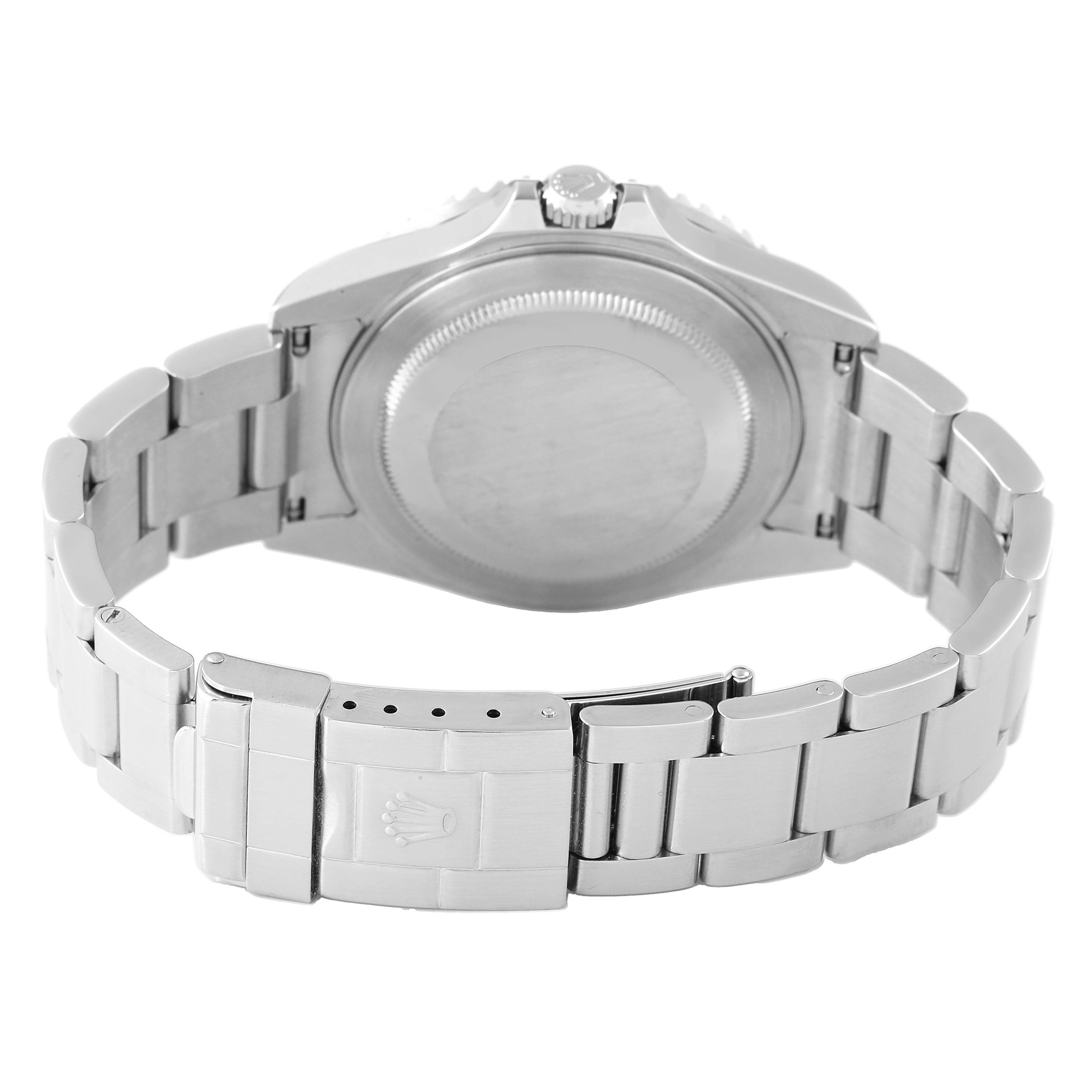 The image shows the back case, bracelet, and clasp of the Rolex GMT-Master 16710 Men's Stainless Steel Black Dial, viewed from the rear angle.