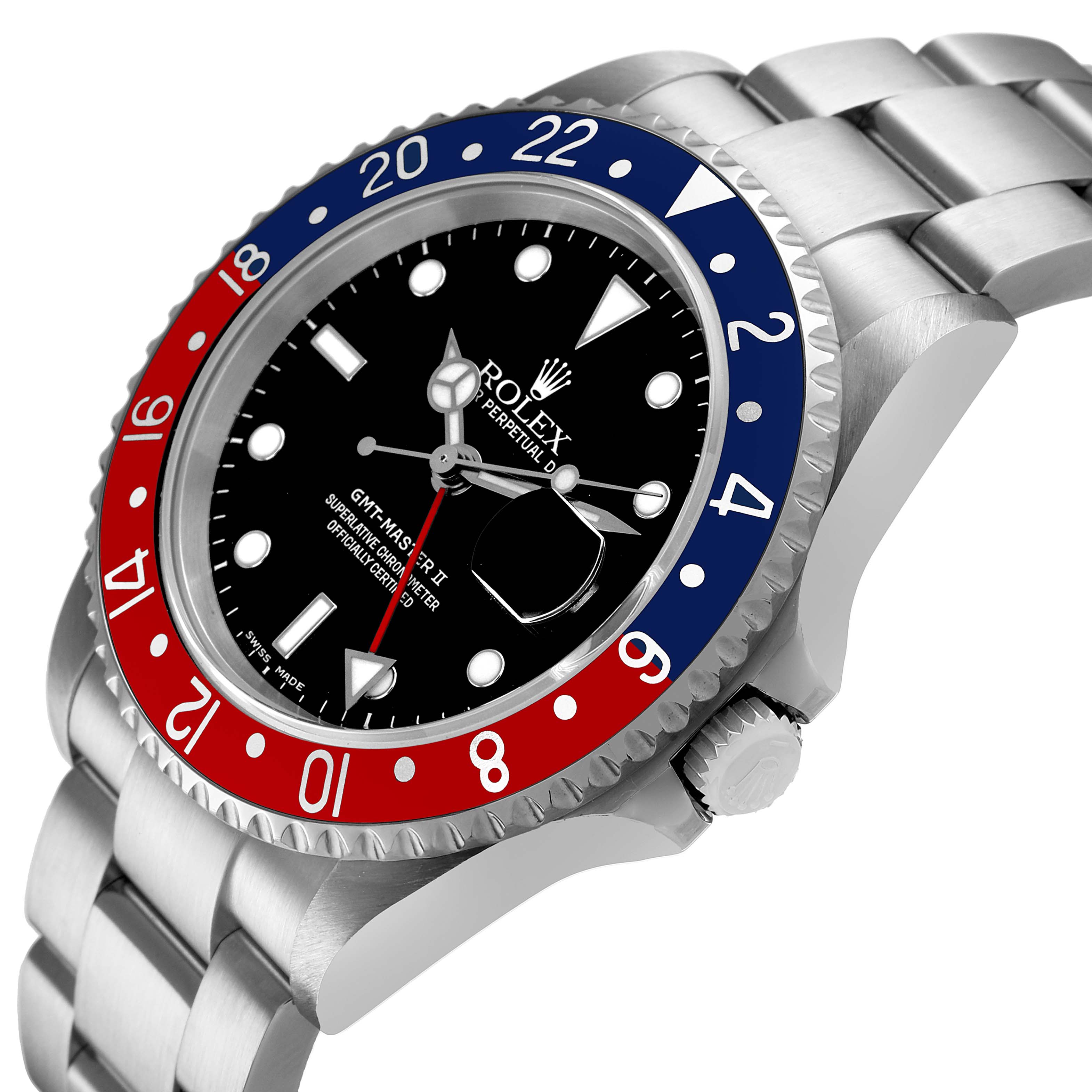 The Rolex GMT-Master 16710 Men's Stainless Steel Black Dial watch is shown at a dynamic angle, highlighting the bezel, crown, and jubilee bracelet.