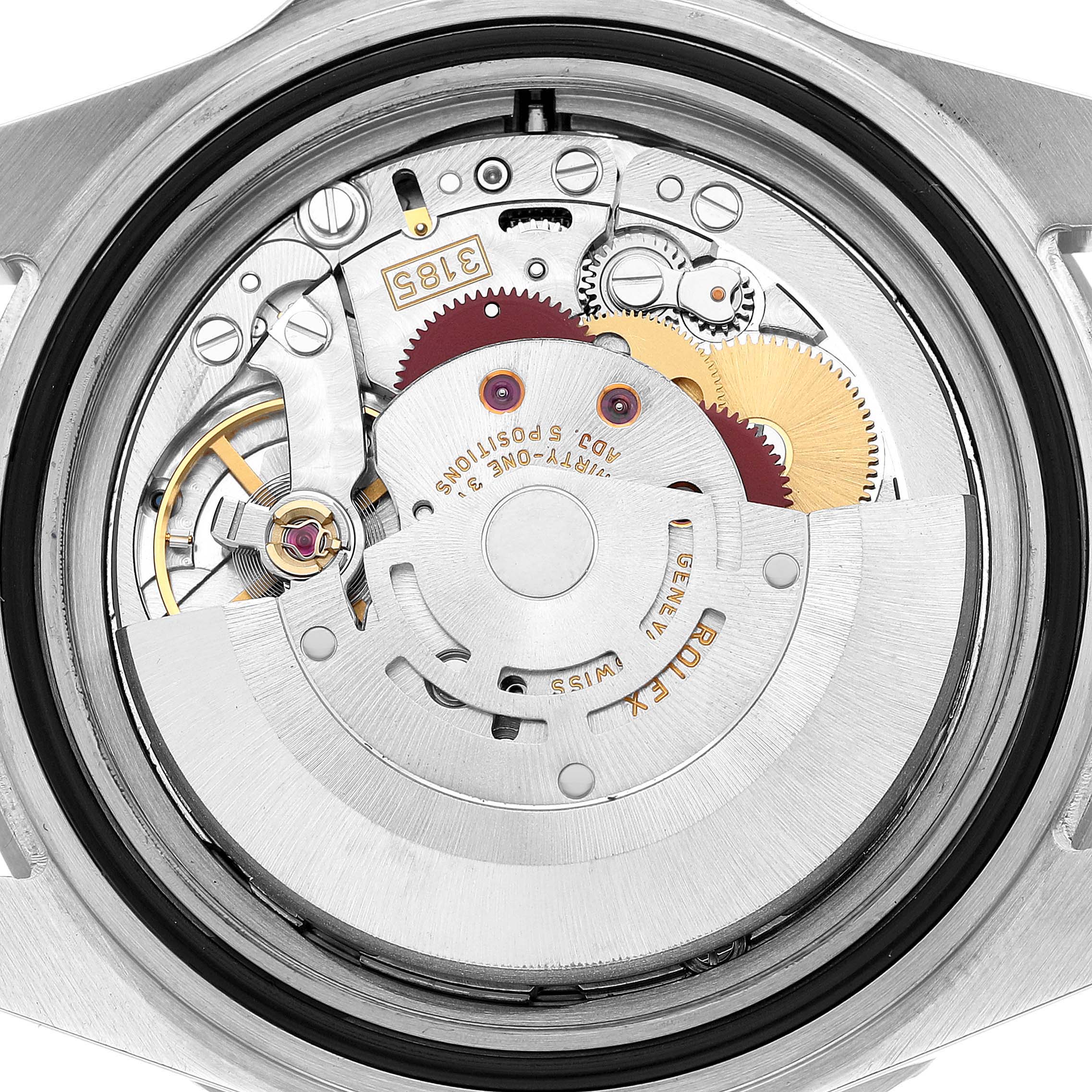 The image shows the back view of a Rolex GMT-Master 16710 Men's Stainless Steel Black Dial, revealing the intricate movement and gears.