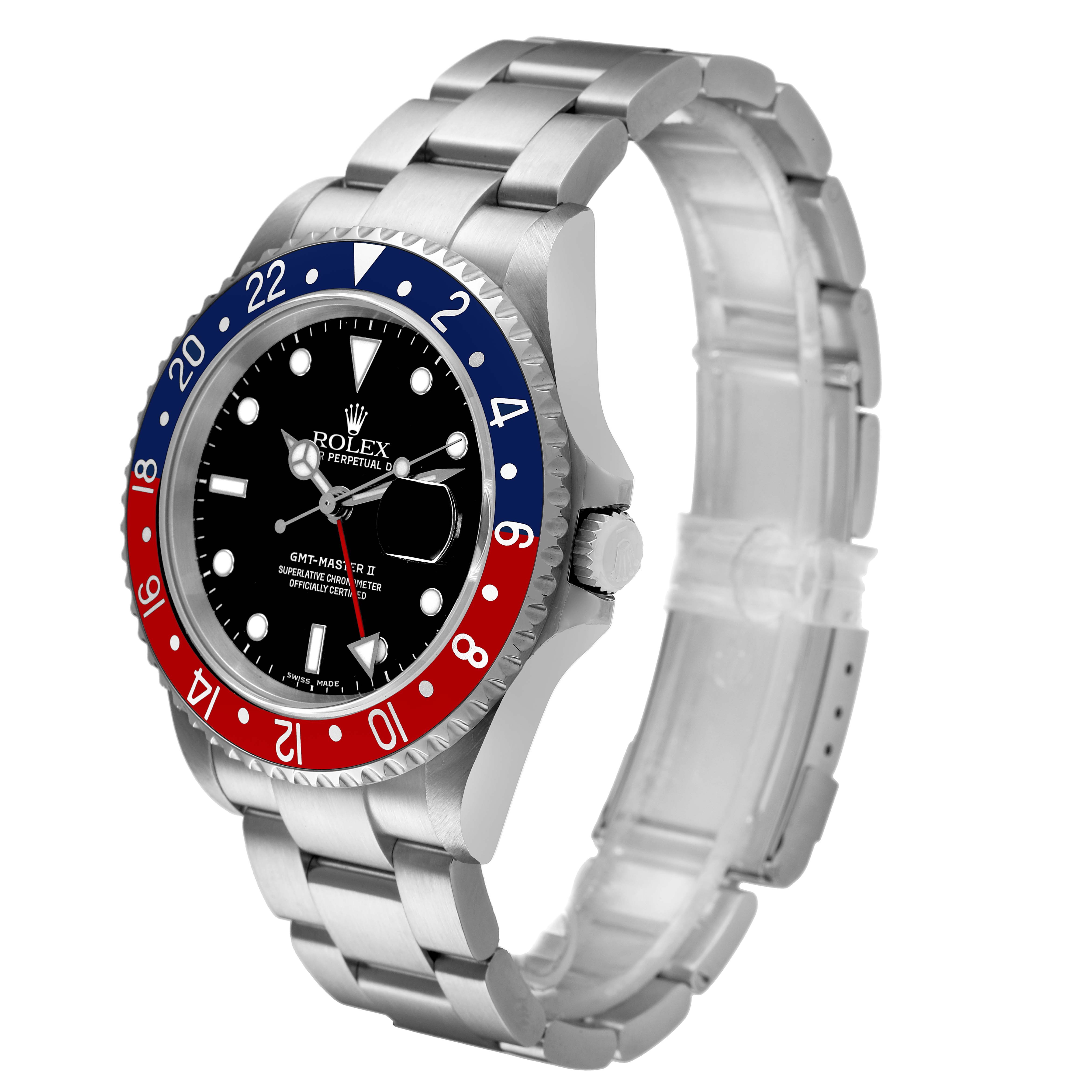 The Rolex GMT-Master 16710 Men's Stainless Steel Black Dial model is shown at a three-quarter angle, highlighting the bezel, dial, crown, and bracelet.