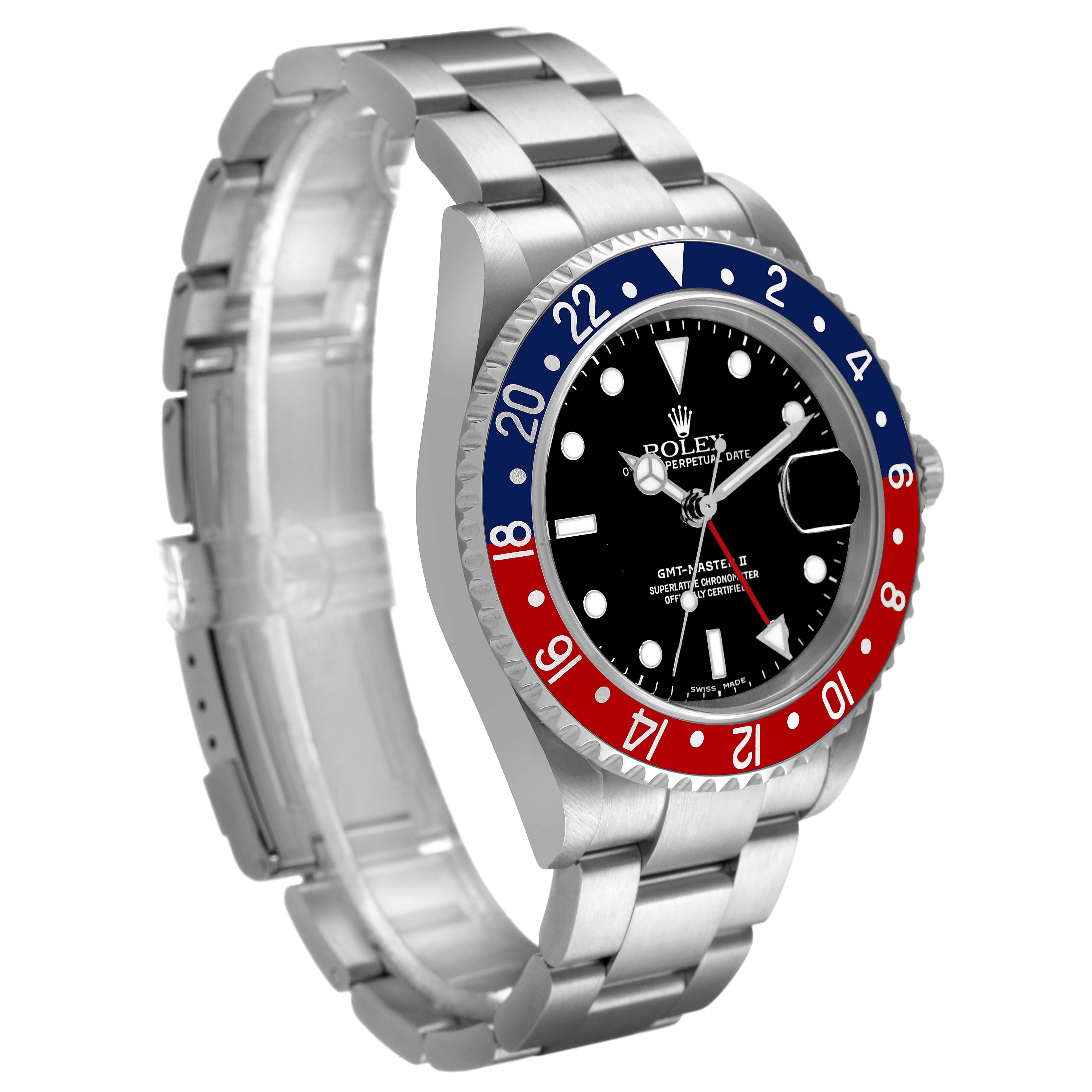 The image shows a Rolex GMT-Master 16710 Men's Stainless Steel Black Dial at a three-quarter angle, highlighting the bezel, dial, and bracelet.