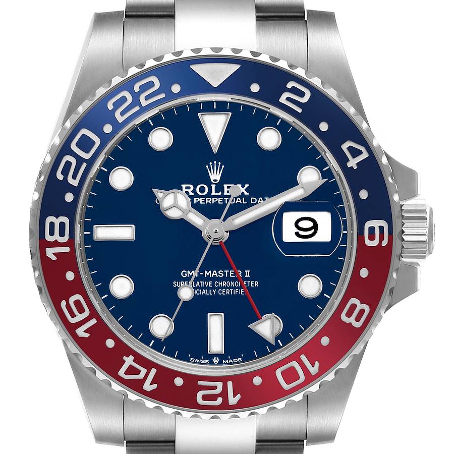 The image shows a frontal view of a Rolex GMT-Master II watch, highlighting its bezel, dial, and date window.