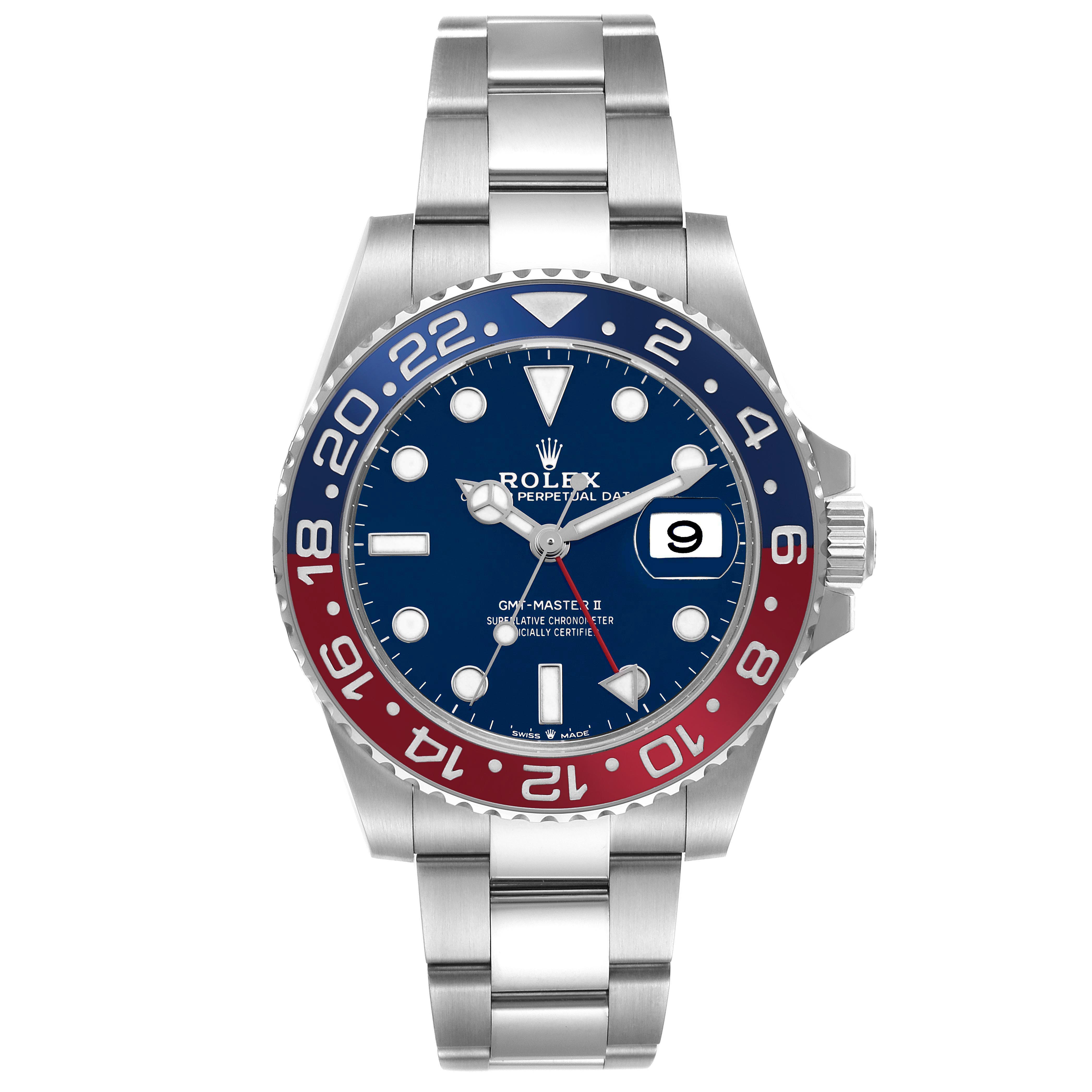 The Rolex GMT-Master 126719 Men's White Gold Blue Dial 126719 Men's White Gold Blue Dial model is shown from a front angle, highlighting the dial, bezel, and bracelet.