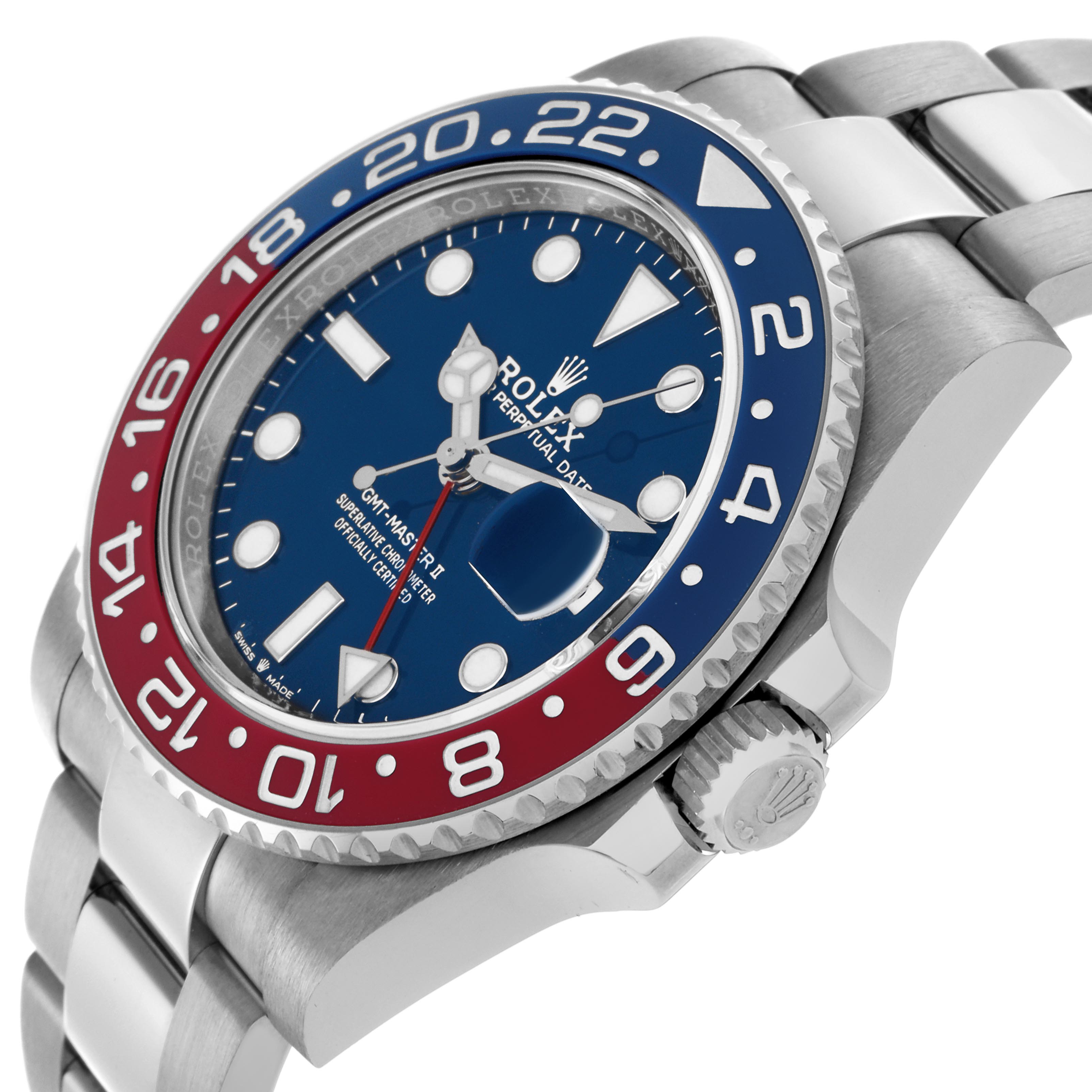 The Rolex GMT-Master 126719 Men's White Gold Blue Dial 126719 Men's White Gold Blue Dial watch is shown at an angle highlighting the bezel, crown, and part of the bracelet, with a red and blue color scheme.