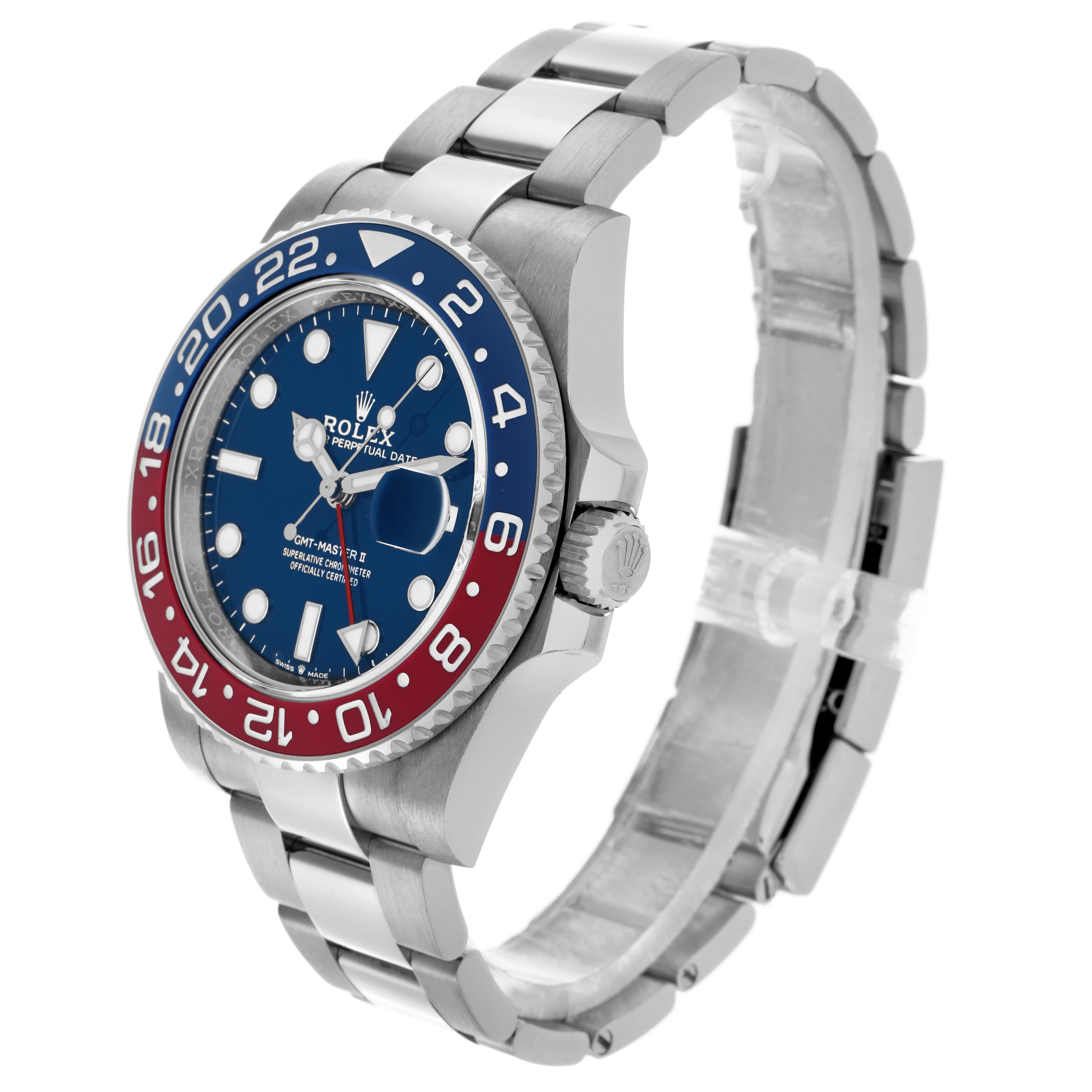The Rolex GMT-Master 126719 Men's White Gold Blue Dial 126719 Men's White Gold Blue Dial watch is shown from a front-left angle, highlighting its bracelet, bezel, dial, and crown.