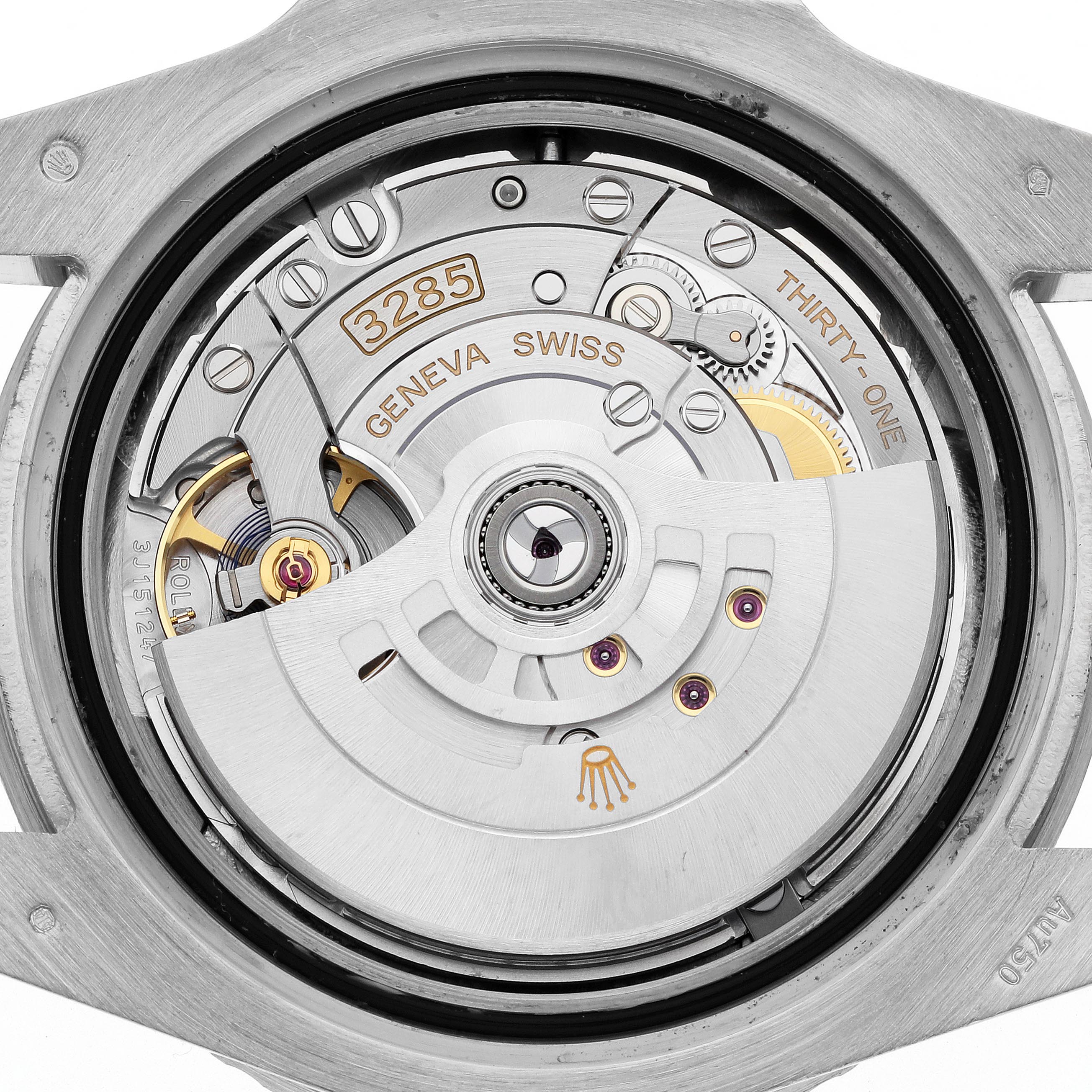 The image shows the movement of the Rolex GMT-Master 126719 Men's White Gold Blue Dial 126719 Men's White Gold Blue Dial, specifically the Caliber 3285, viewed from the back.