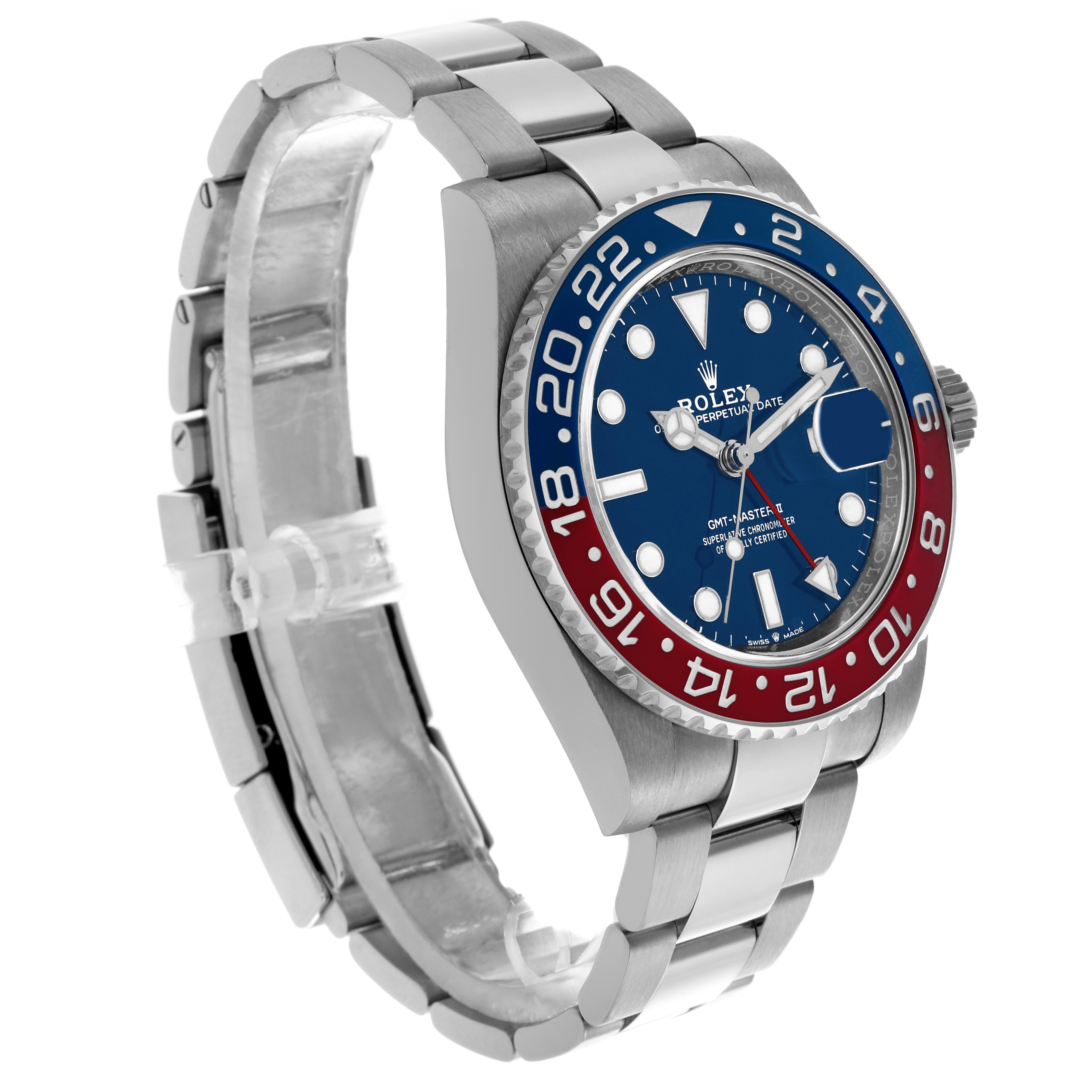 The Rolex GMT-Master 126719 Men's White Gold Blue Dial 126719 Men's White Gold Blue Dial watch is shown at a three-quarter angle highlighting its bezel, face, and bracelet.
