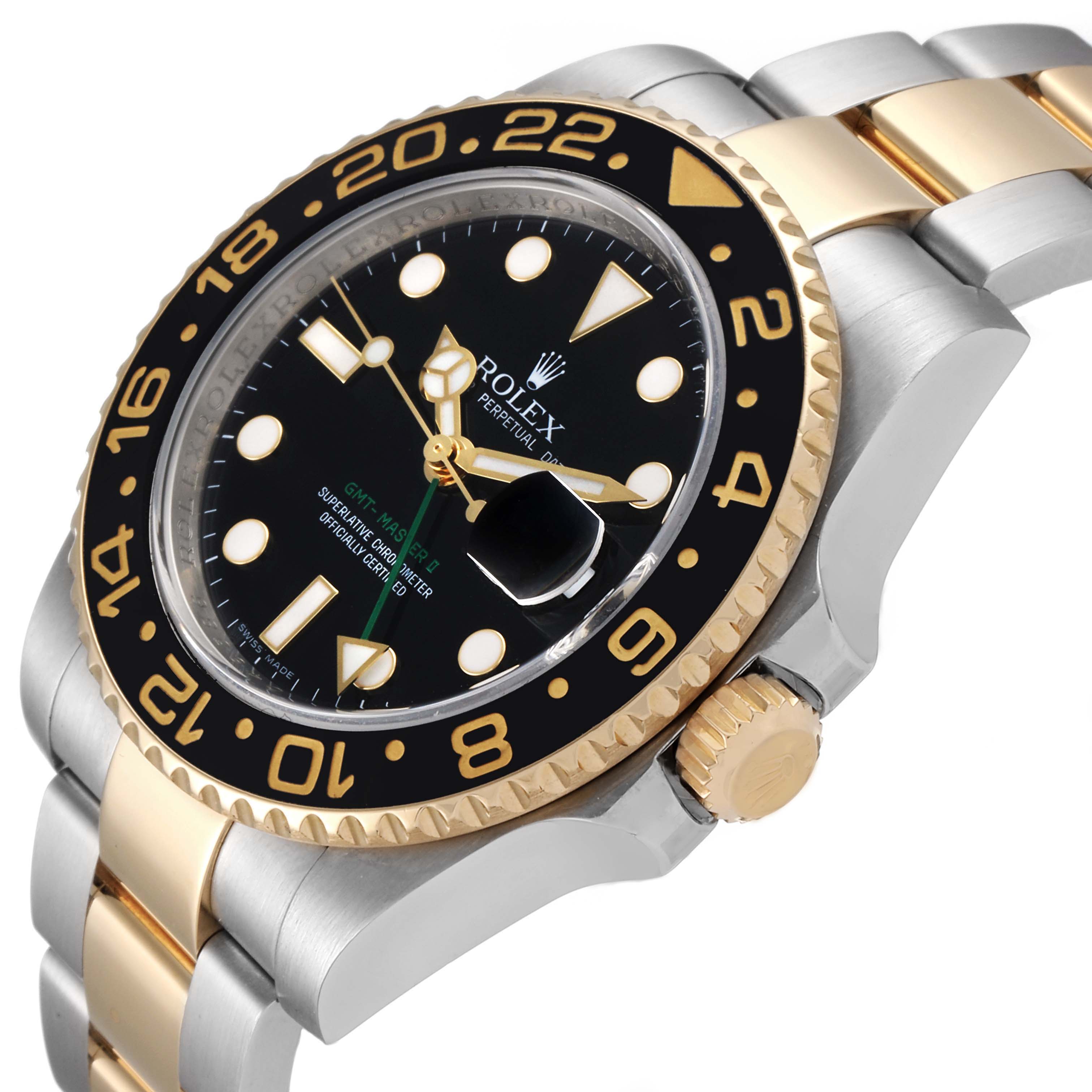 This Rolex GMT-Master 116713 Men's Steel and Gold (two tone) Black Dial 116713 Men's Steel and Gold (two tone) Black Dial watch is shown at a slight angle highlighting the dial, bezel, crown, and two-tone bracelet.