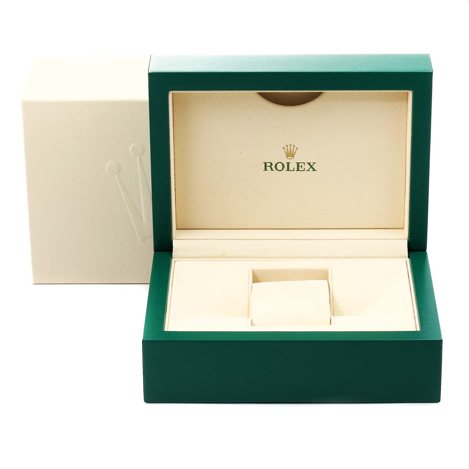 This image shows an open green and beige box for the Rolex GMT-Master 116713 Men's Steel and Gold (two tone) Black Dial 116713 Men's Steel and Gold (two tone) Black Dial watch, with the brand logo inside the lid.