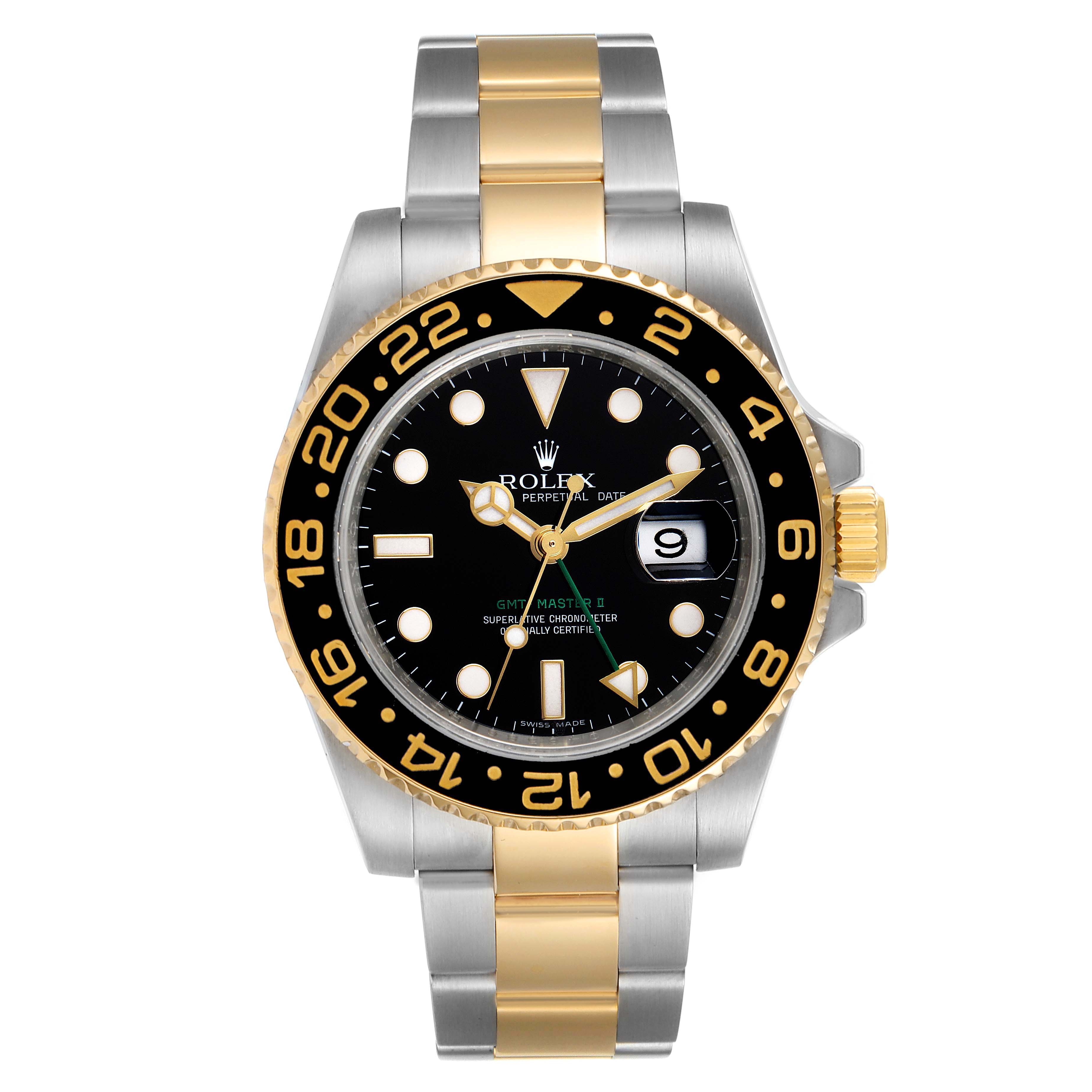 The Rolex GMT-Master 116713 Men's Steel and Gold (two tone) Black Dial 116713 Men's Steel and Gold (two tone) Black Dial watch is shown from the front, displaying its bezel, dial, hands, date window, and two-tone bracelet.