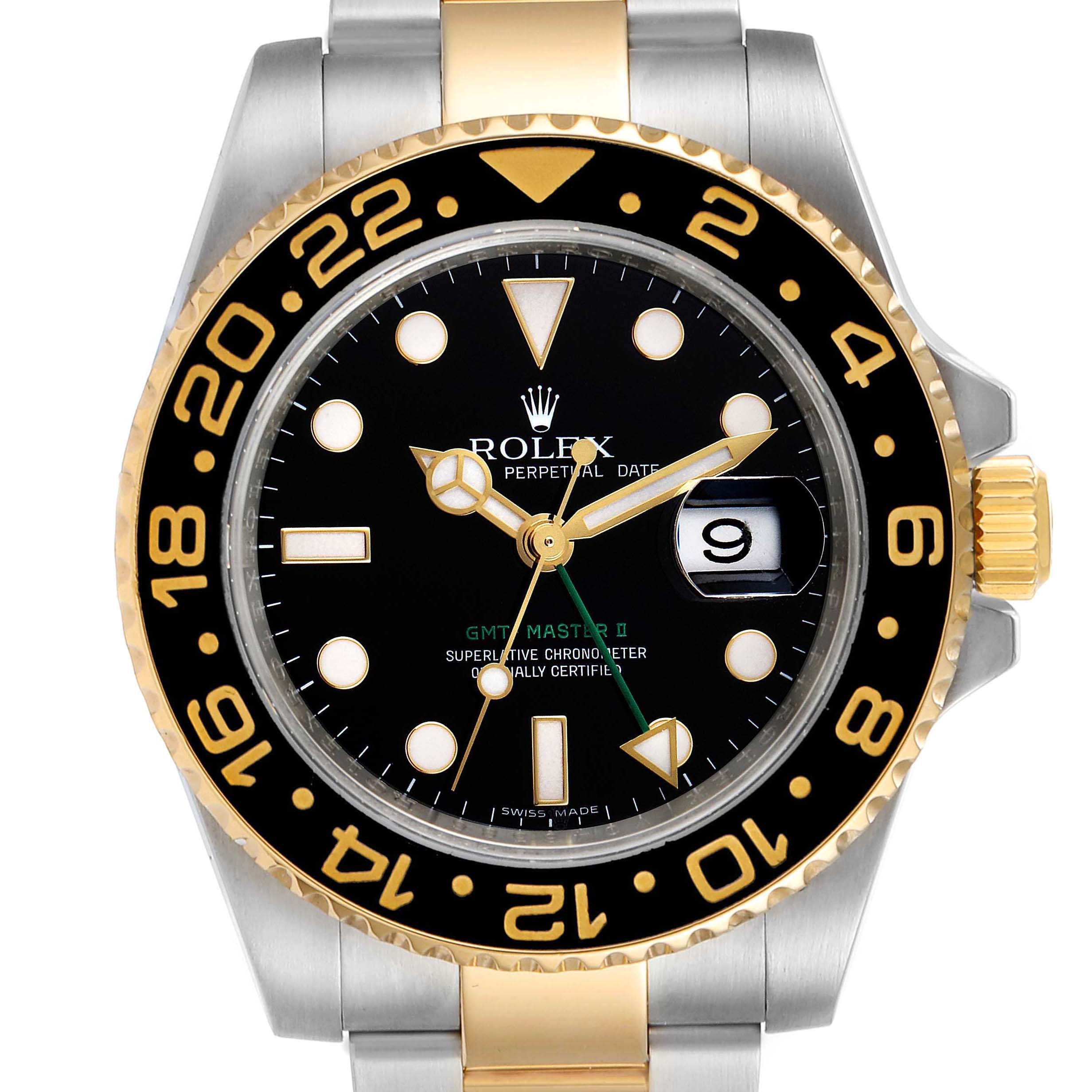 The image shows a front view of the Rolex GMT-Master 116713 Men's Steel and Gold (two tone) Black Dial 116713 Men's Steel and Gold (two tone) Black Dial II watch, highlighting the bezel, dial, crown, and part of the bracelet. 