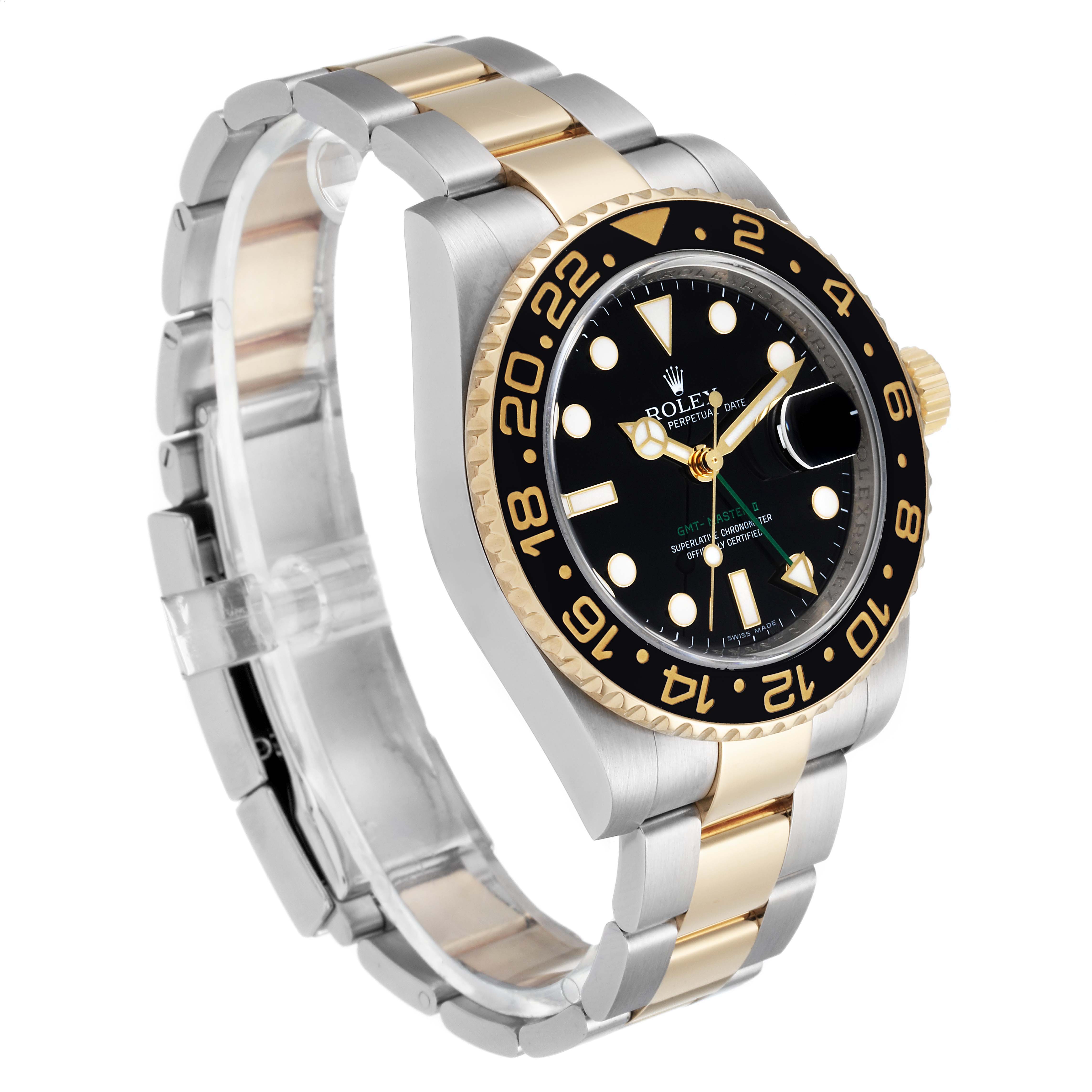 The Rolex GMT-Master 116713 Men's Steel and Gold (two tone) Black Dial 116713 Men's Steel and Gold (two tone) Black Dial watch is shown at a front-left angle, highlighting the dial, bezel, crown, and bracelet.