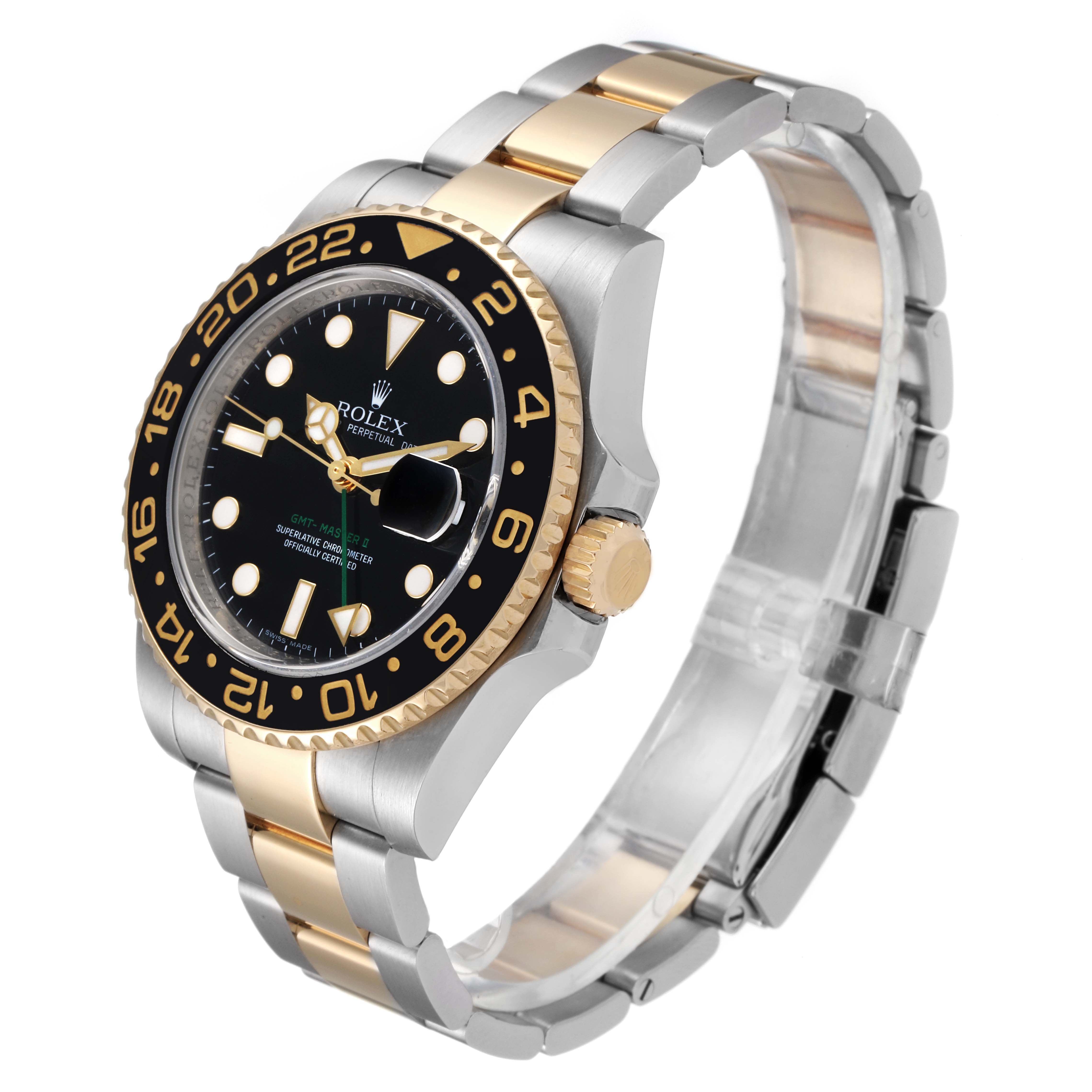The Rolex GMT-Master 116713 Men's Steel and Gold (two tone) Black Dial 116713 Men's Steel and Gold (two tone) Black Dial watch is shown at a slight side angle, displaying the face, bezel, dial, and bracelet.