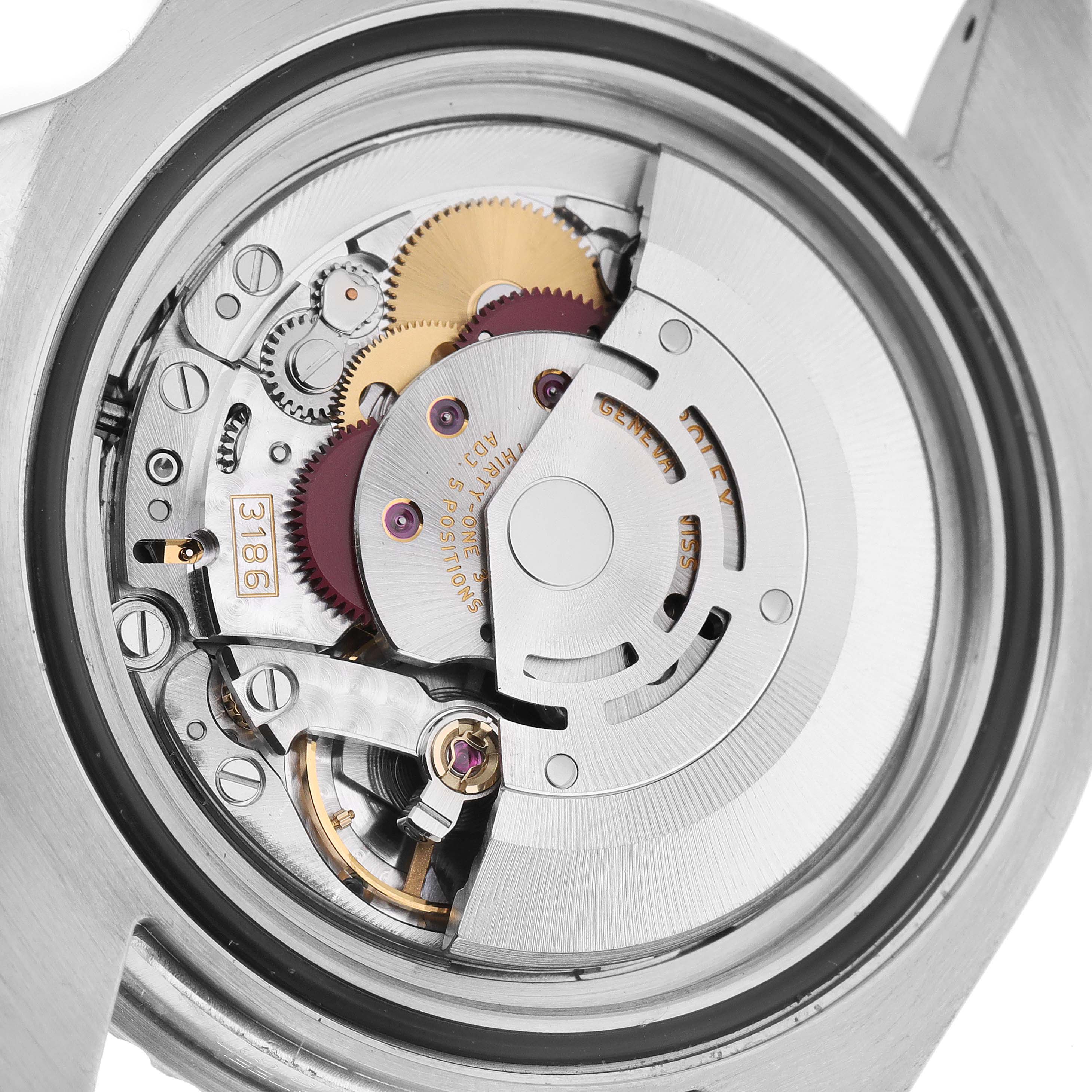 The image shows the internal mechanism of a Rolex GMT-Master 116713 Men's Steel and Gold (two tone) Black Dial 116713 Men's Steel and Gold (two tone) Black Dial watch at a close-up angle.