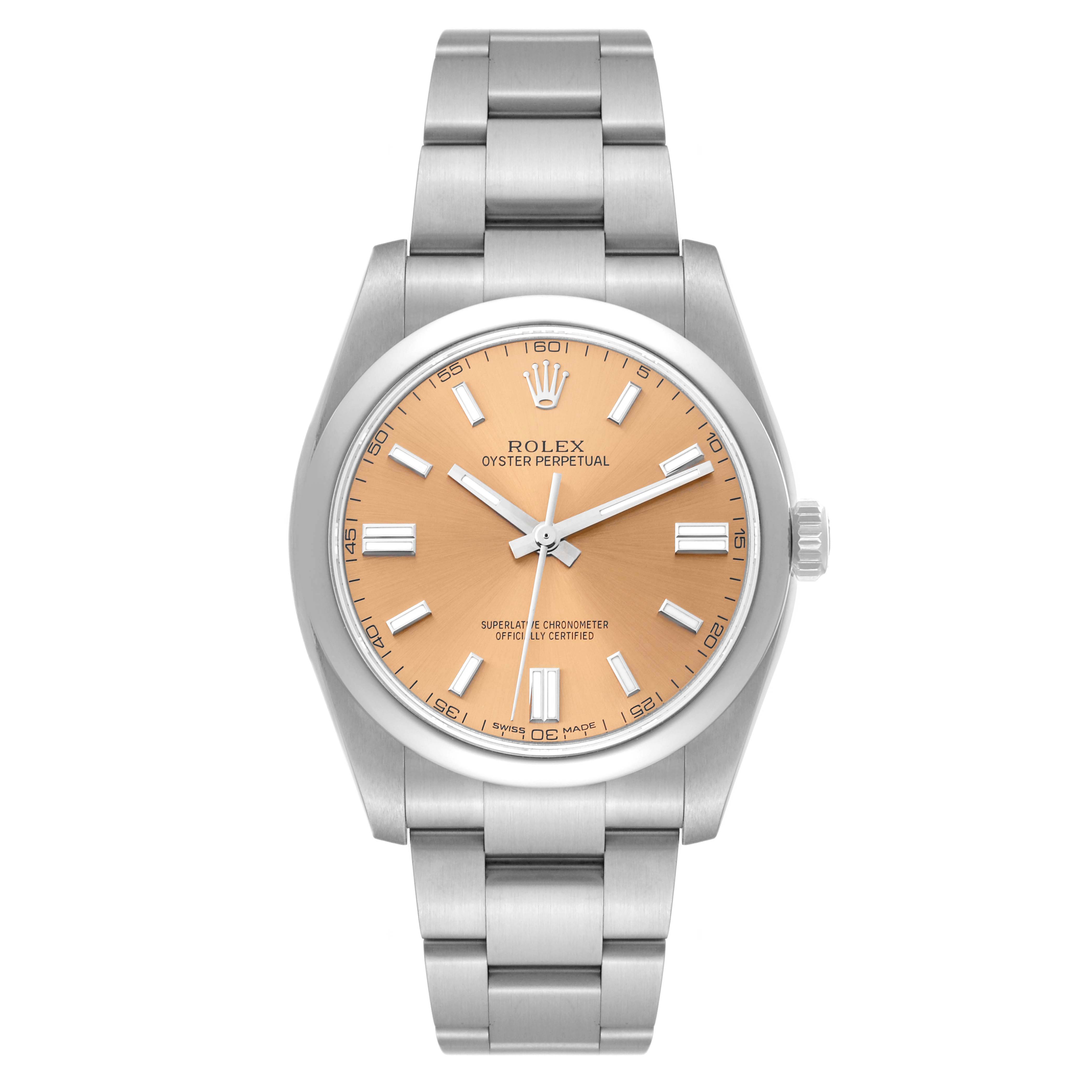 This image shows a front view of the Rolex Oyster Perpetual 116000 Men
s Stainless Steel Pink Dial 116000 Men
s Stainless Steel Pink Dial watch, highlighting the dial, hands, markers, and stainless steel band.