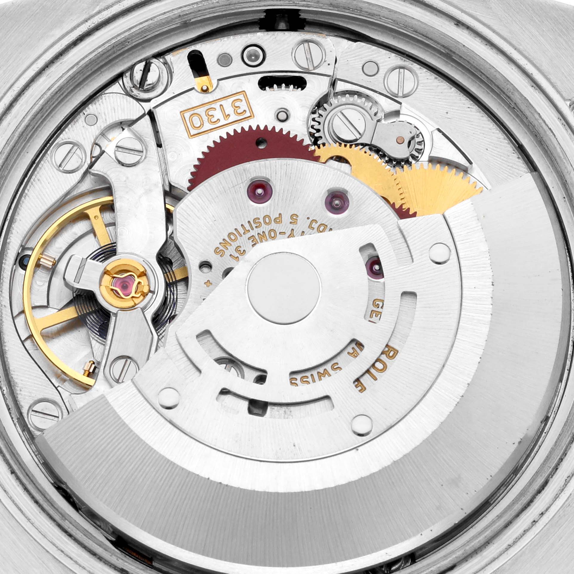 The image shows the internal movement mechanism of the Rolex Oyster Perpetual 116000 Men
s Stainless Steel Pink Dial 116000 Men
s Stainless Steel Pink Dial watch.