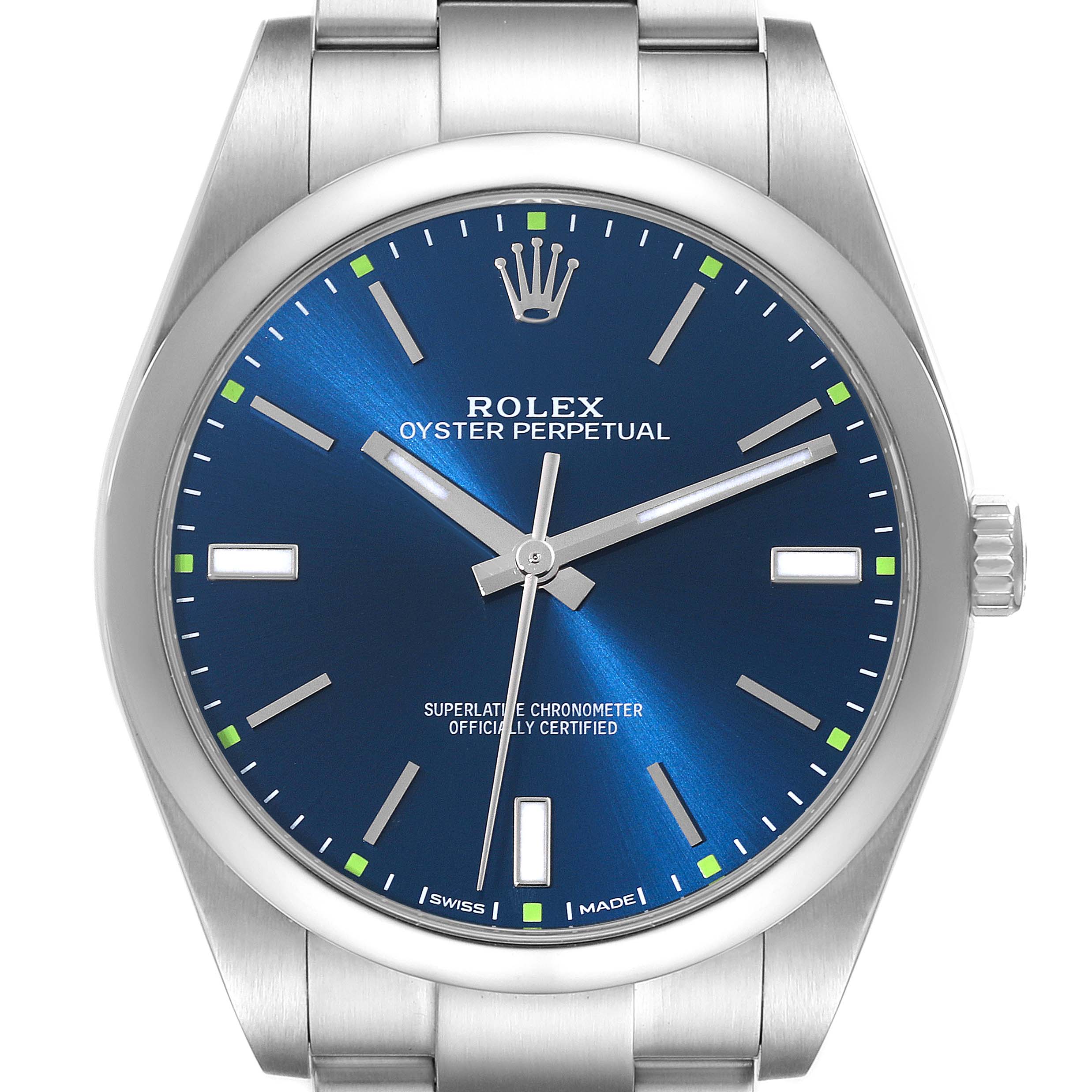 The image shows a front view of the Rolex Oyster Perpetual 114300 Men's Stainless Steel Blue Dial 114300 Men's Stainless Steel Blue Dial watch, highlighting the blue dial and silver bracelet.