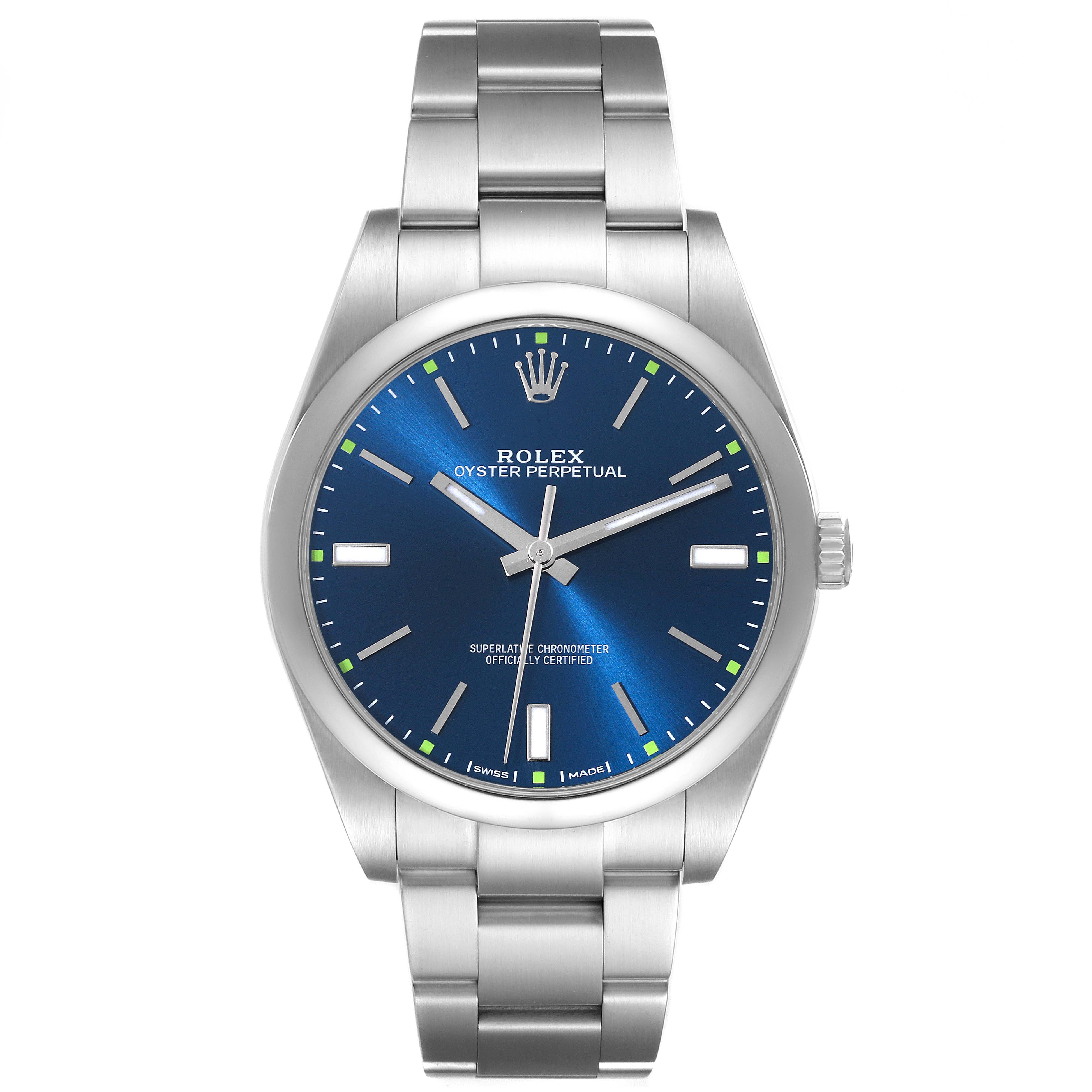 The image shows a front view of a Rolex Oyster Perpetual 114300 Men's Stainless Steel Blue Dial 114300 Men's Stainless Steel Blue Dial watch, featuring the dial, hands, case, crown, and bracelet.