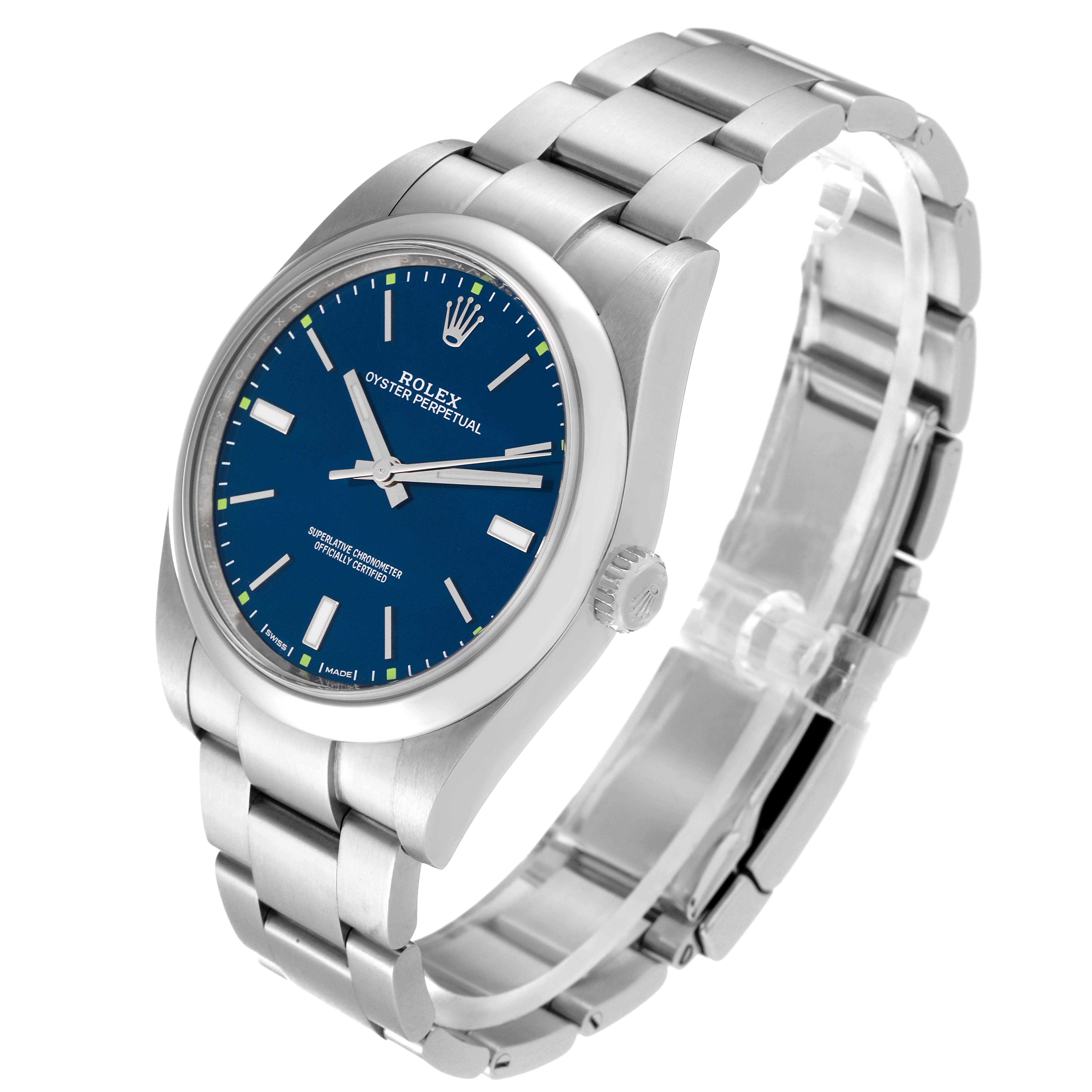 The Rolex Oyster Perpetual 114300 Men's Stainless Steel Blue Dial 114300 Men's Stainless Steel Blue Dial watch is shown at a three-quarter angle displaying the blue dial, crown, and part of the bracelet.
