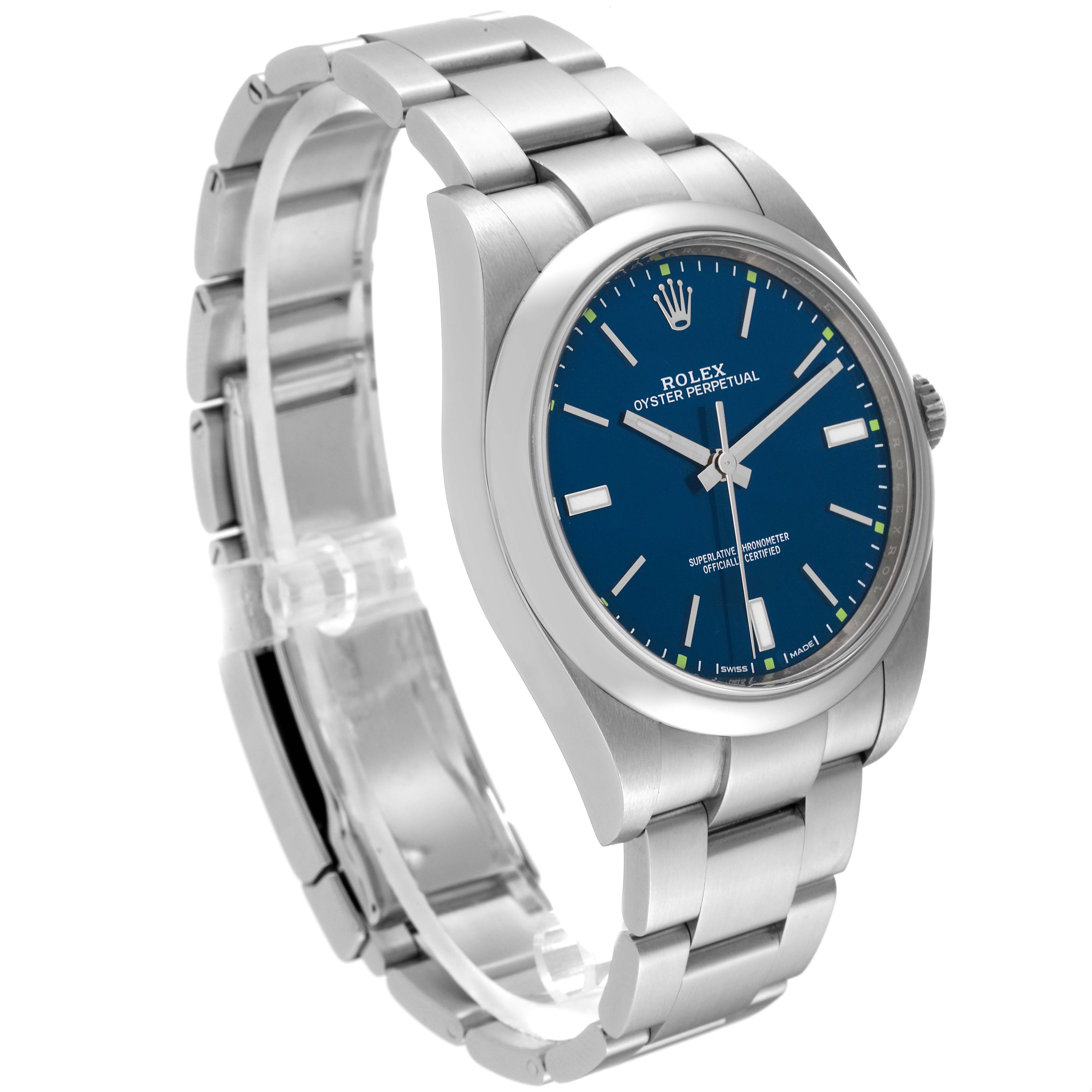 The image shows a Rolex Oyster Perpetual 114300 Men's Stainless Steel Blue Dial 114300 Men's Stainless Steel Blue Dial watch at a side angle, highlighting its blue dial and stainless steel bracelet.