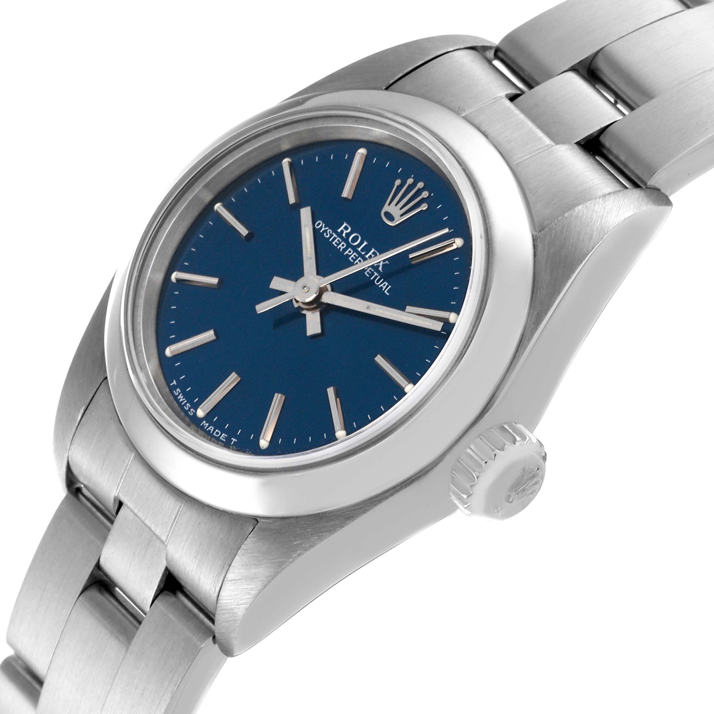 The image shows a side angle of a Rolex Oyster Perpetual 67180 Women's Stainless Steel Blue Dial 67180 Women's Stainless Steel Blue Dial watch, highlighting the casing, blue dial, bezel, and bracelet.