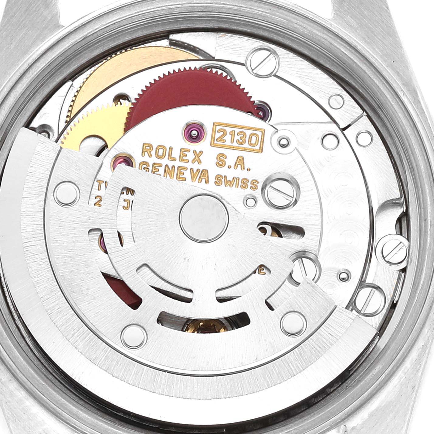 This image shows a close-up view of the movement mechanism in a Rolex Oyster Perpetual 67180 Women's Stainless Steel Blue Dial 67180 Women's Stainless Steel Blue Dial watch.