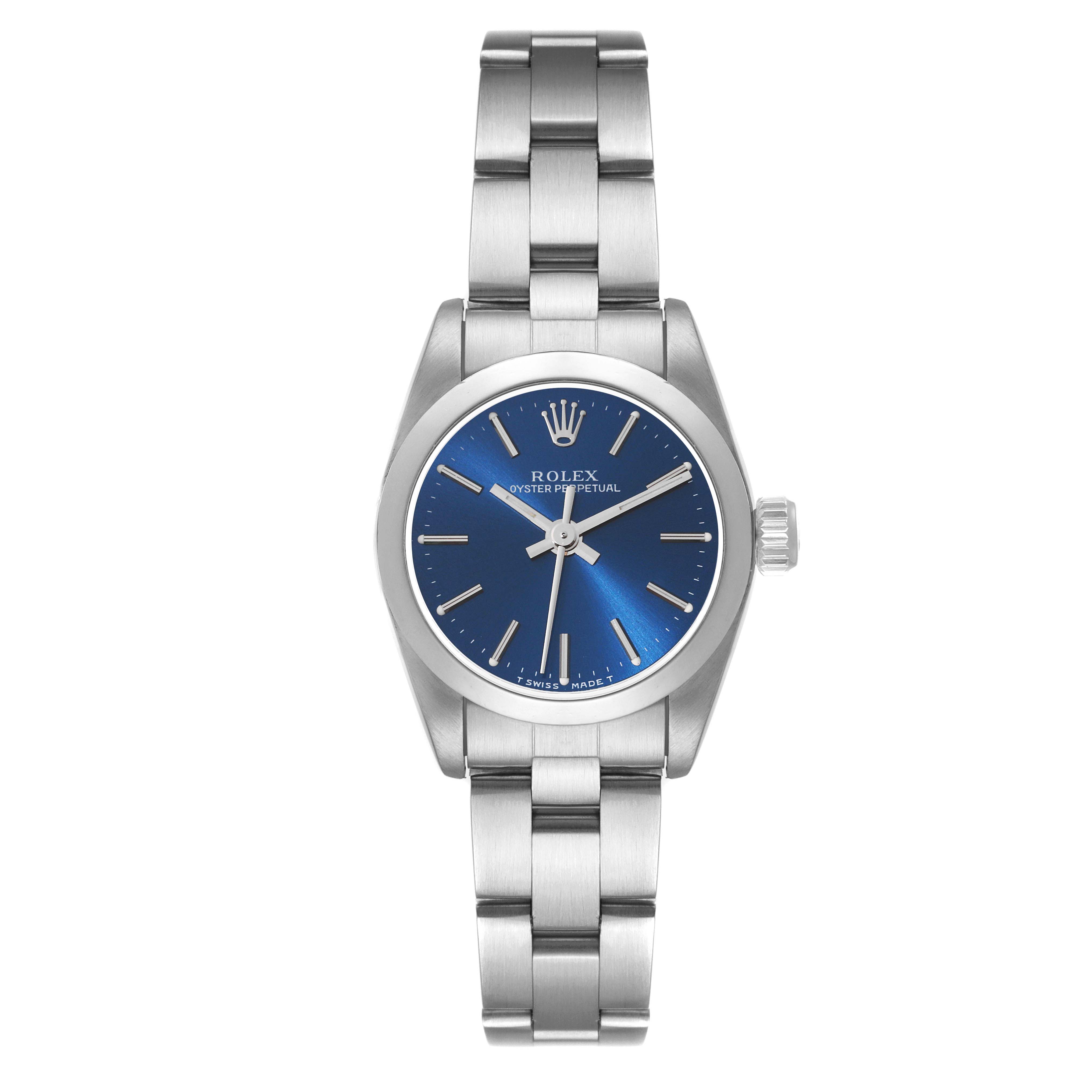This image shows a front view of a Rolex Oyster Perpetual 67180 Women's Stainless Steel Blue Dial 67180 Women's Stainless Steel Blue Dial watch with a blue dial and stainless steel bracelet.
