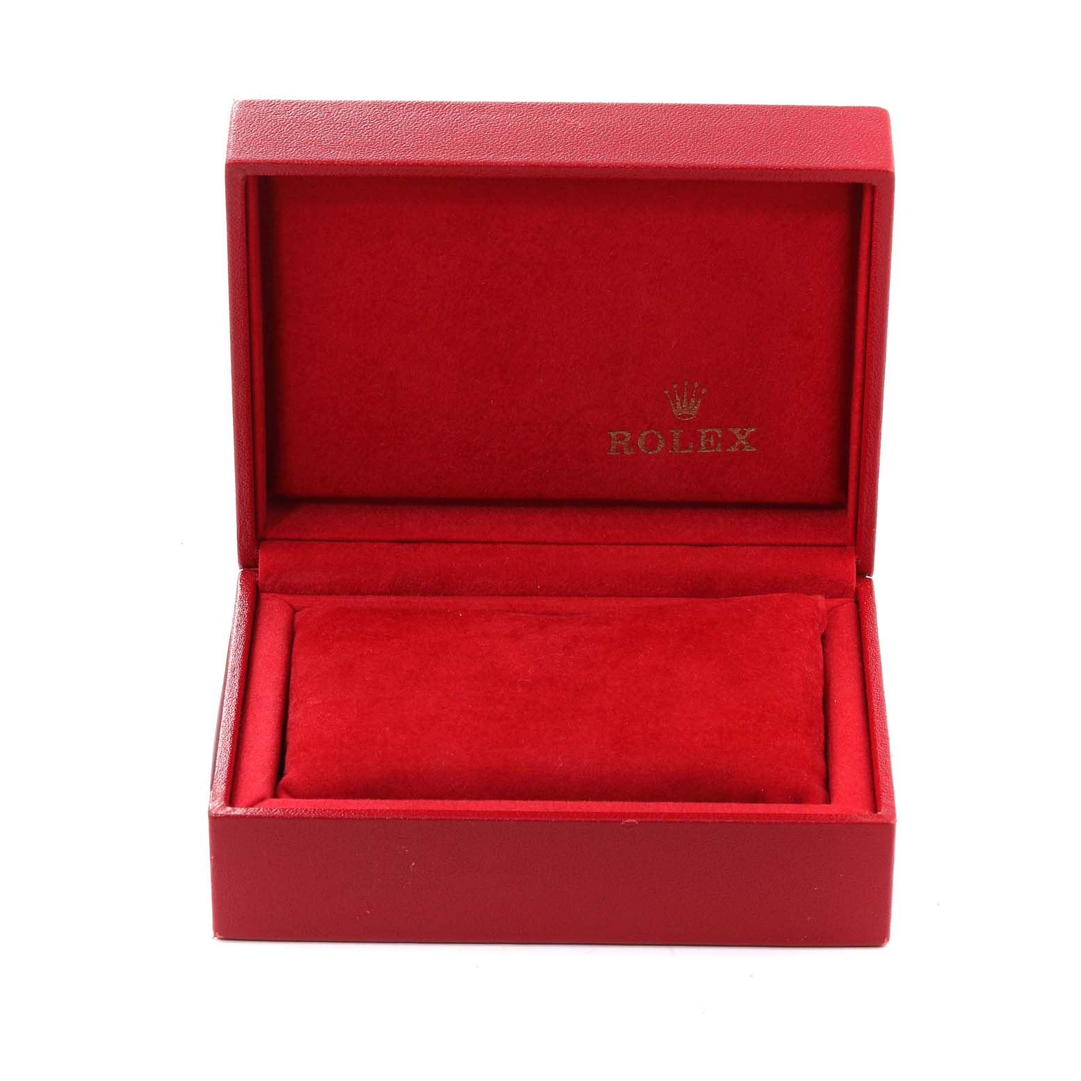 The image shows an open red Rolex watch box for the Oyster Perpetual model.