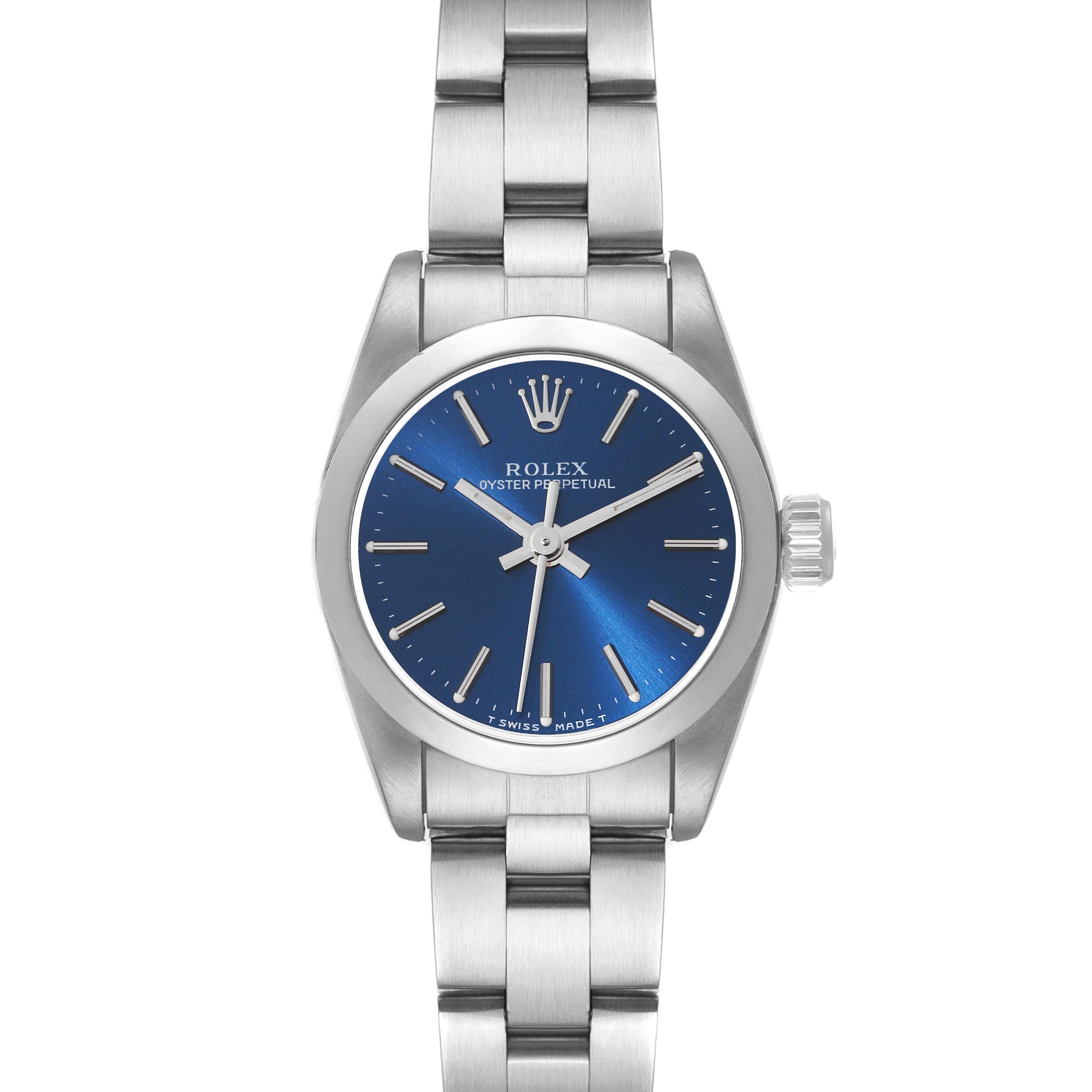 This image shows the Rolex Oyster Perpetual 67180 Women's Stainless Steel Blue Dial 67180 Women's Stainless Steel Blue Dial watch front view, highlighting the blue dial and metallic bracelet.