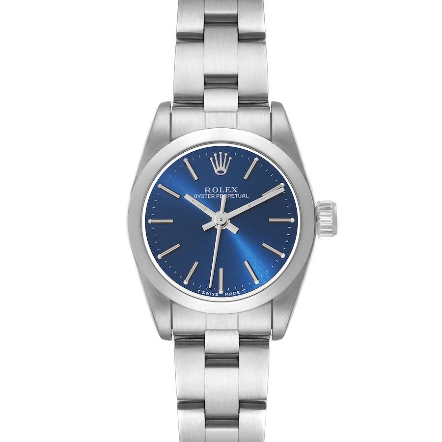 Rolex Oyster Perpetual Non-Date Blue Dial Smooth Bezel Steel Ladies Watch 67180 SwissWatchExpo