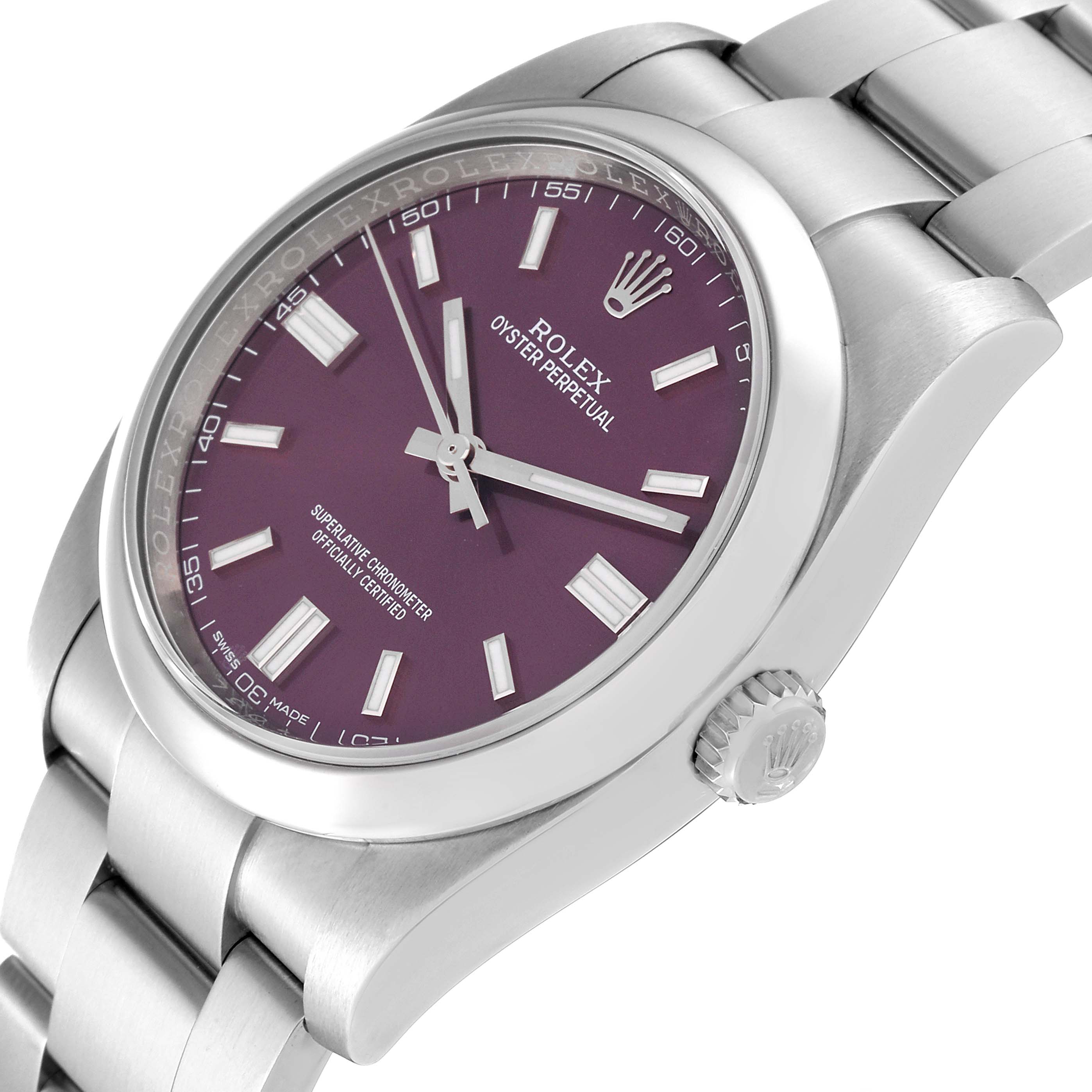 The Rolex Oyster Perpetual 116000 Men
s Stainless Steel Purple Dial 116000 Men
s Stainless Steel Purple Dial watch is shown from a slightly angled top view, showcasing its face, bezel, and part of the bracelet.