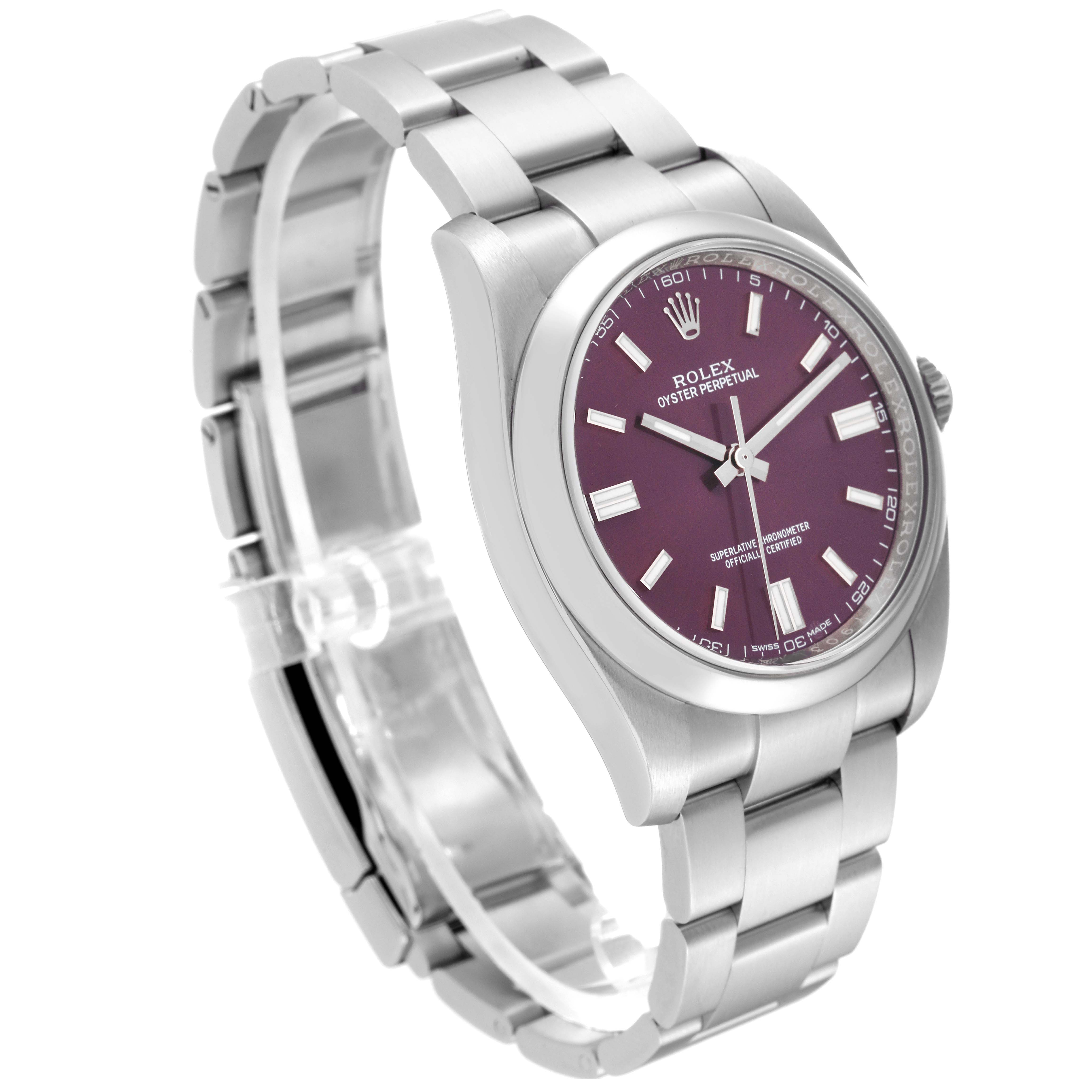 The image shows a side angle of the Rolex Oyster Perpetual 116000 Men
s Stainless Steel Purple Dial 116000 Men
s Stainless Steel Purple Dial watch, highlighting the bracelet, case, and purple dial.